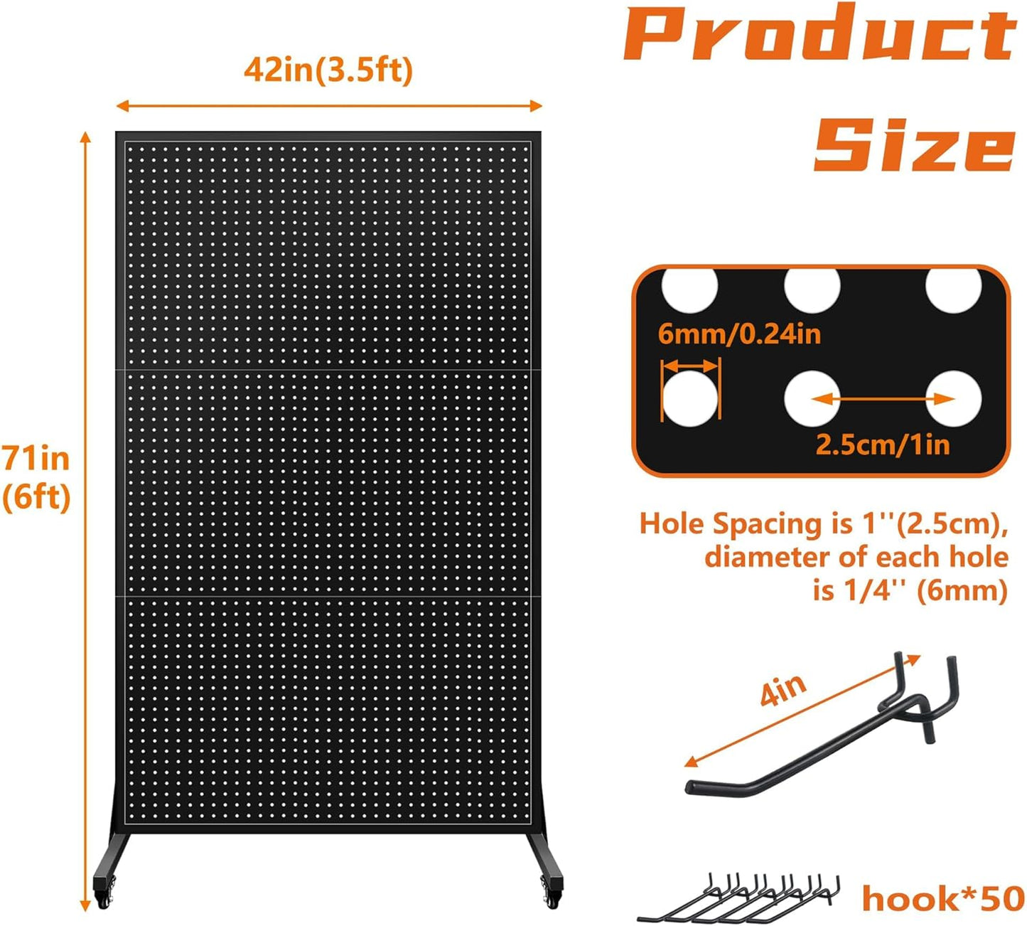 3.5 x 6 Feet Metal Pegboard with 50 Hooks, Wheels, and T-Base, Large Display