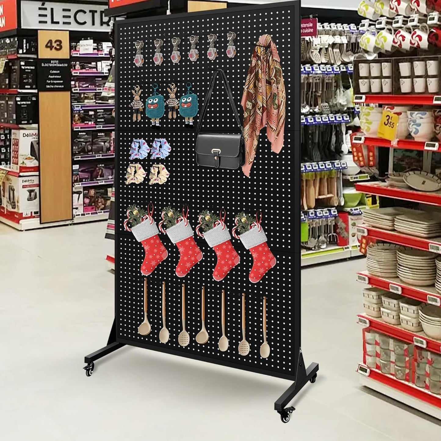 3.5 x 6 Feet Metal Pegboard with 50 Hooks, Wheels, and T-Base, Large Display