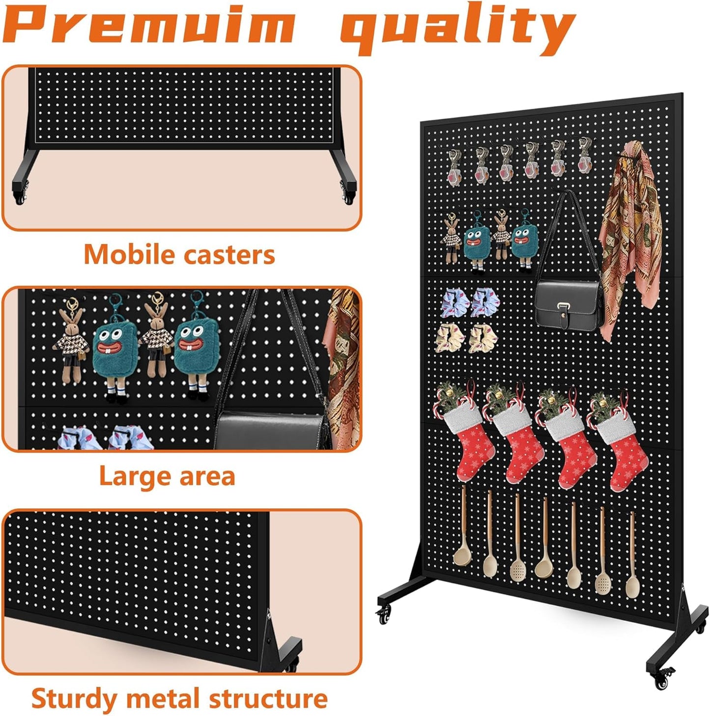 3.5 x 6 Feet Metal Pegboard with 50 Hooks, Wheels, and T-Base, Large Display