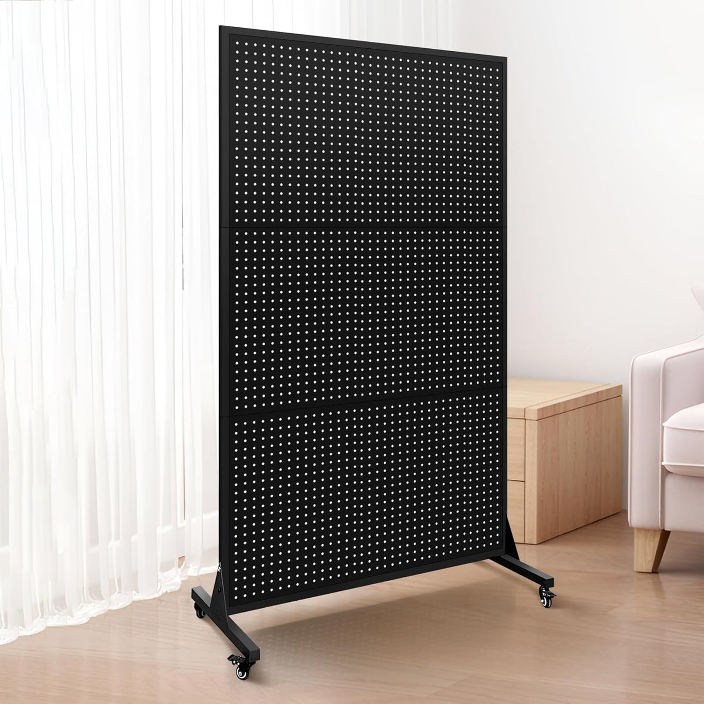3.5 x 6 Feet Metal Pegboard with 50 Hooks, Wheels, and T-Base, Large Display