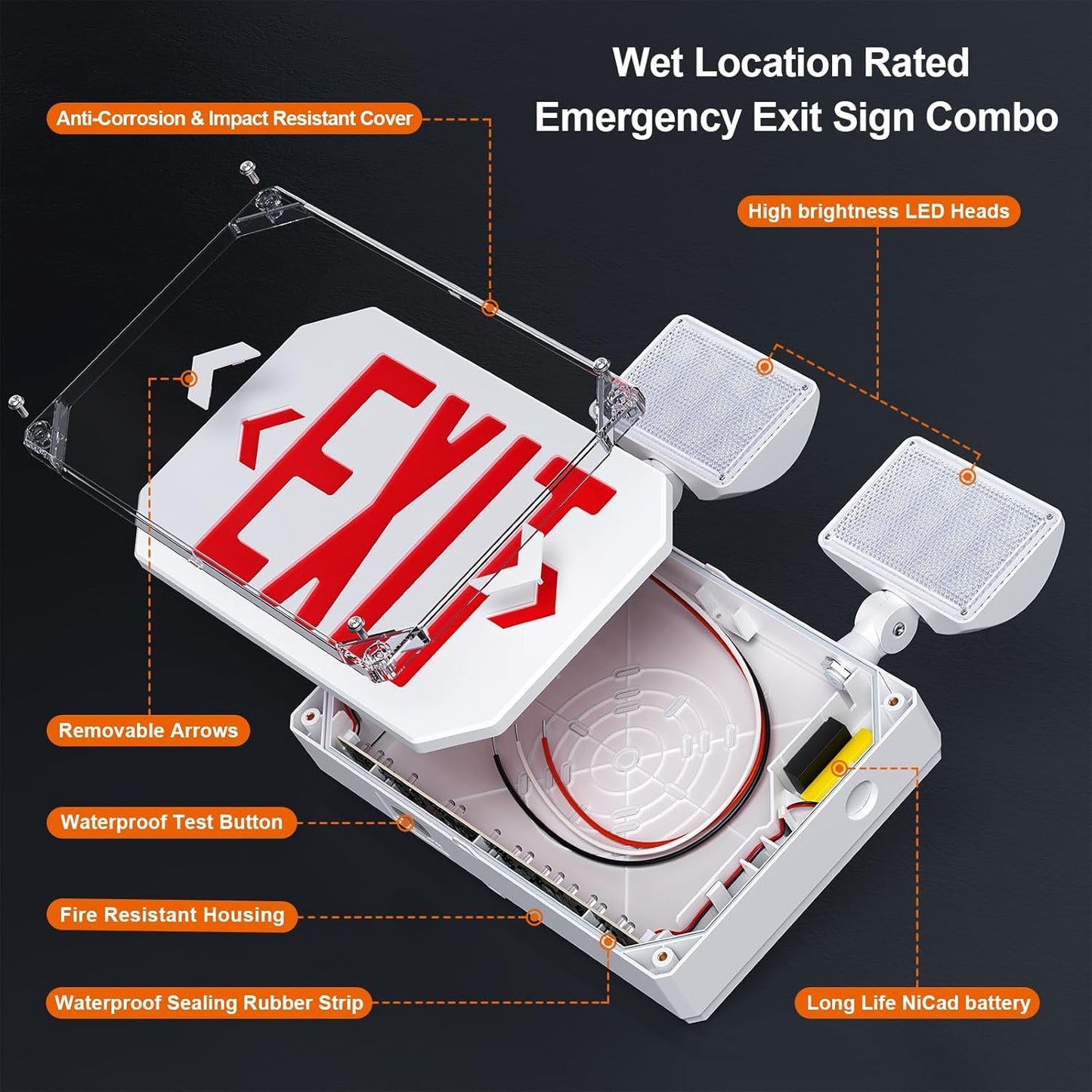 Wet Location Exit Sign with Emergency Lights, Exterior Red LED Exit Light Combo, Double Side Emergency