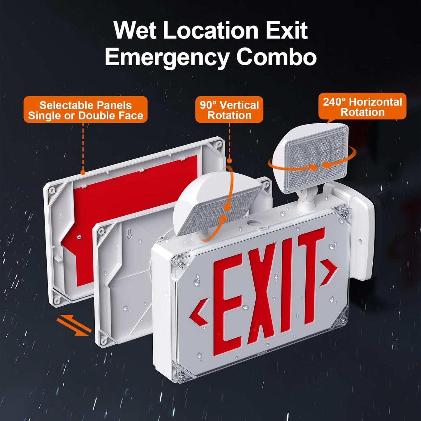 Wet Location Exit Sign with Emergency Lights, Exterior Red LED Exit Light Combo, Double Side Emergency