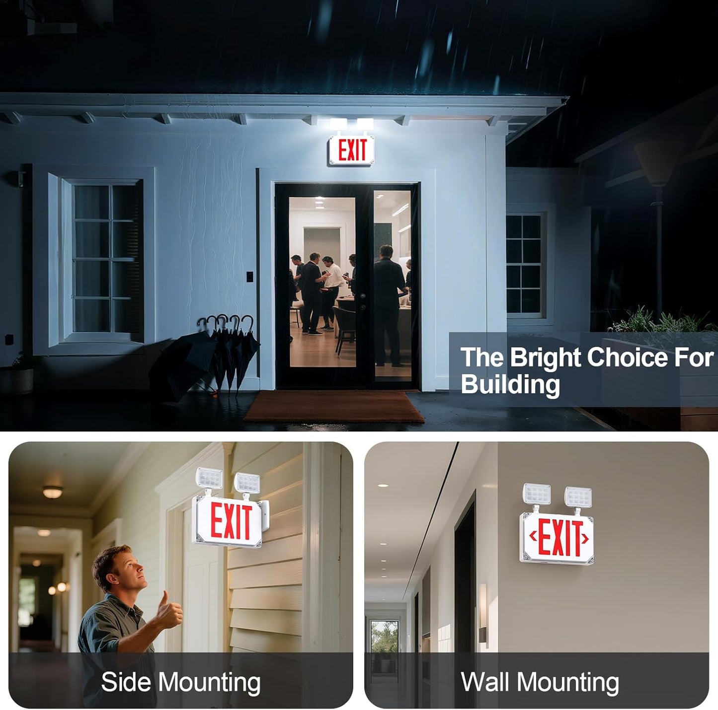 Wet Location Exit Sign with Emergency Lights, Exterior Red LED Exit Light Combo, Double Side Emergency