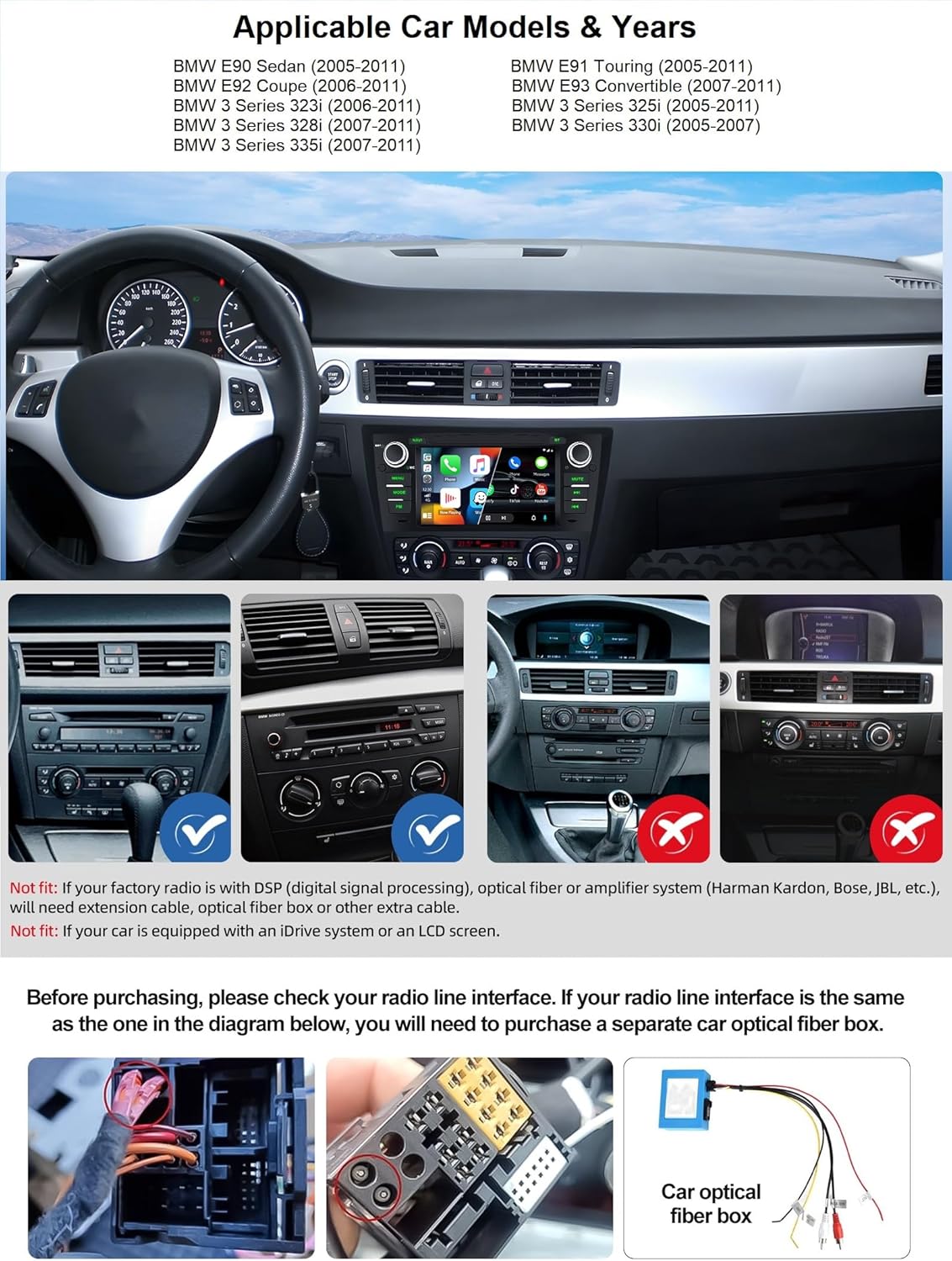 2G+64G Car Stereo for BMW 328i 335i 325i E90 E91 E92 E93 3 Series 2005-2011, Wireless CarPlay and/or Android