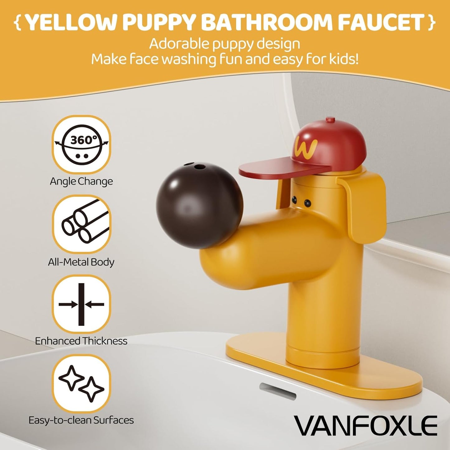 Puppy Bathroom Sink Faucet Yellow, VANFOXLE, Single Hole Bathroom Faucet with Flexible Hoses