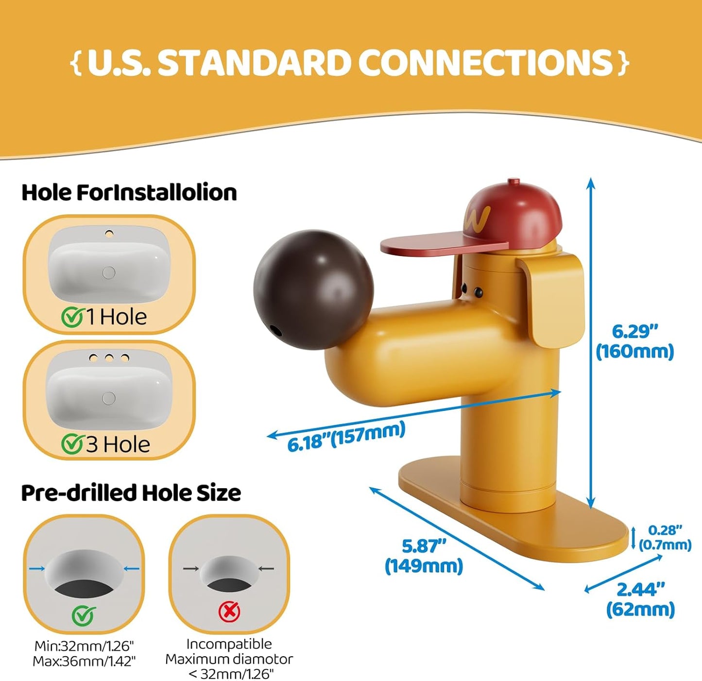 Puppy Bathroom Sink Faucet Yellow, VANFOXLE, Single Hole Bathroom Faucet with Flexible Hoses