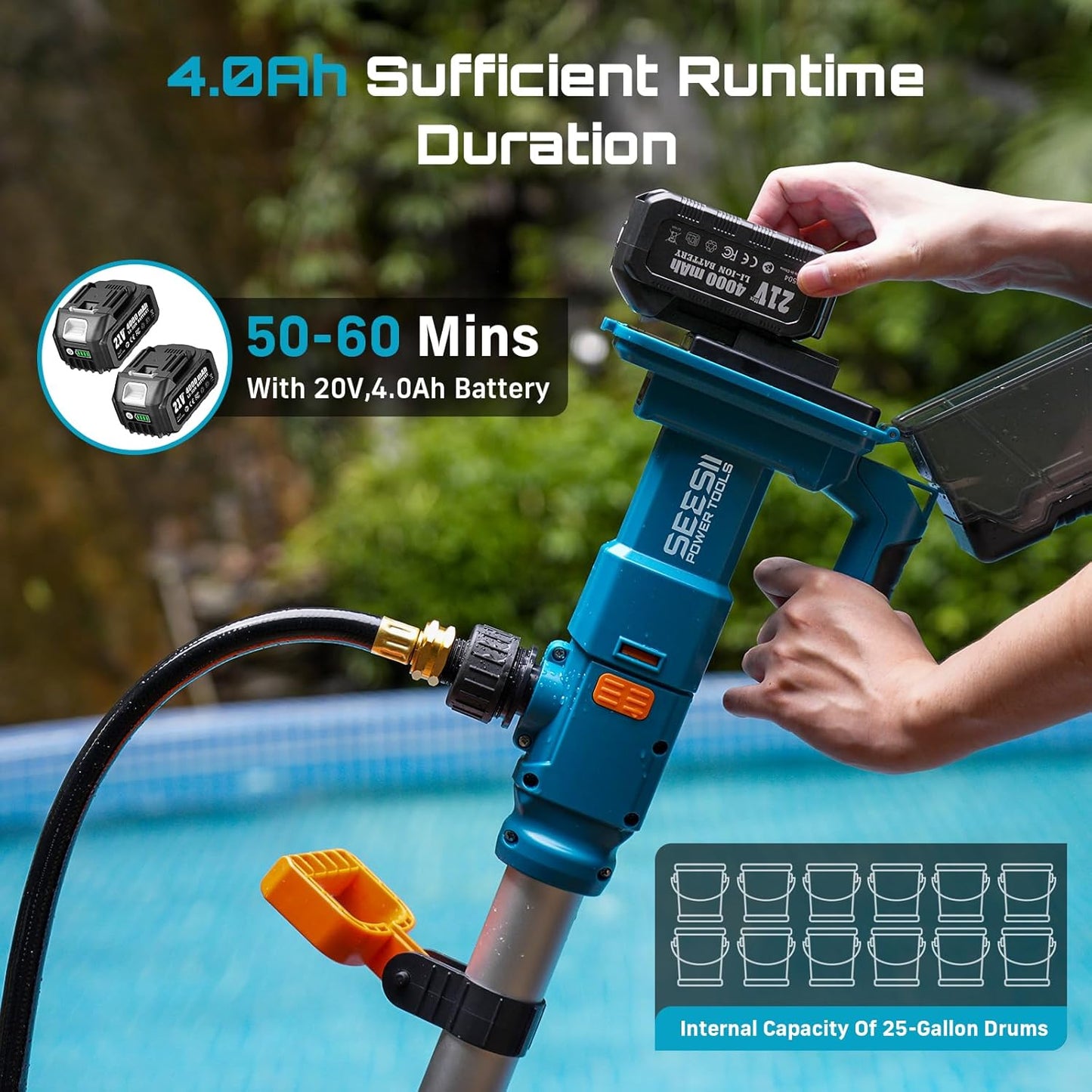 Cordless Stick Water Transfer Pump, with 24000mAh Batteries & Charger, Detachable Battery Pod, 740GPH 21V