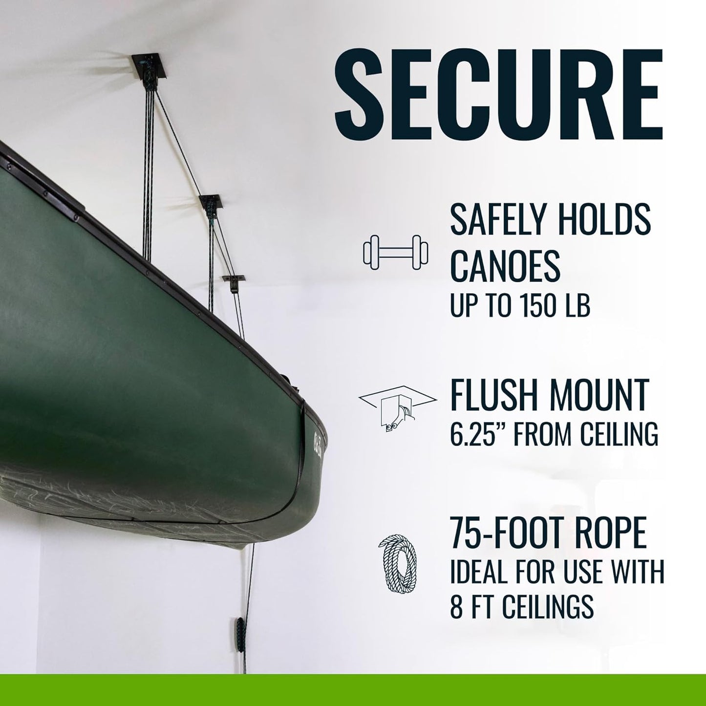 Heavy Duty Elite Canoe Hoist, Easy-Lift Garage Pulley System, Holds 150 lbs, No Assembly Required