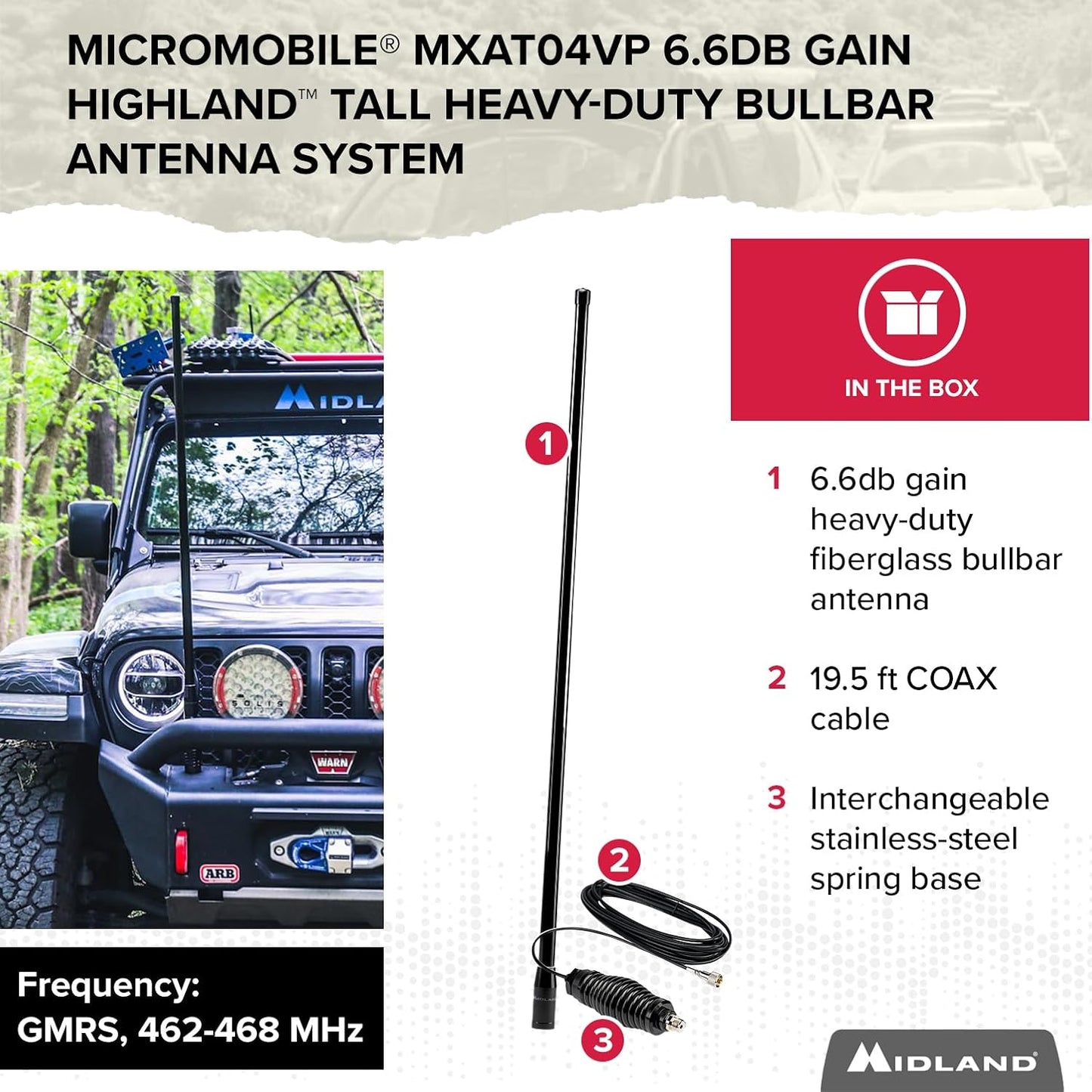 MXAT04VP 6.6dB Heavy Duty Bull Bar Antenna with Spring Base 462-468 Frequency Long Range GMRS Communication