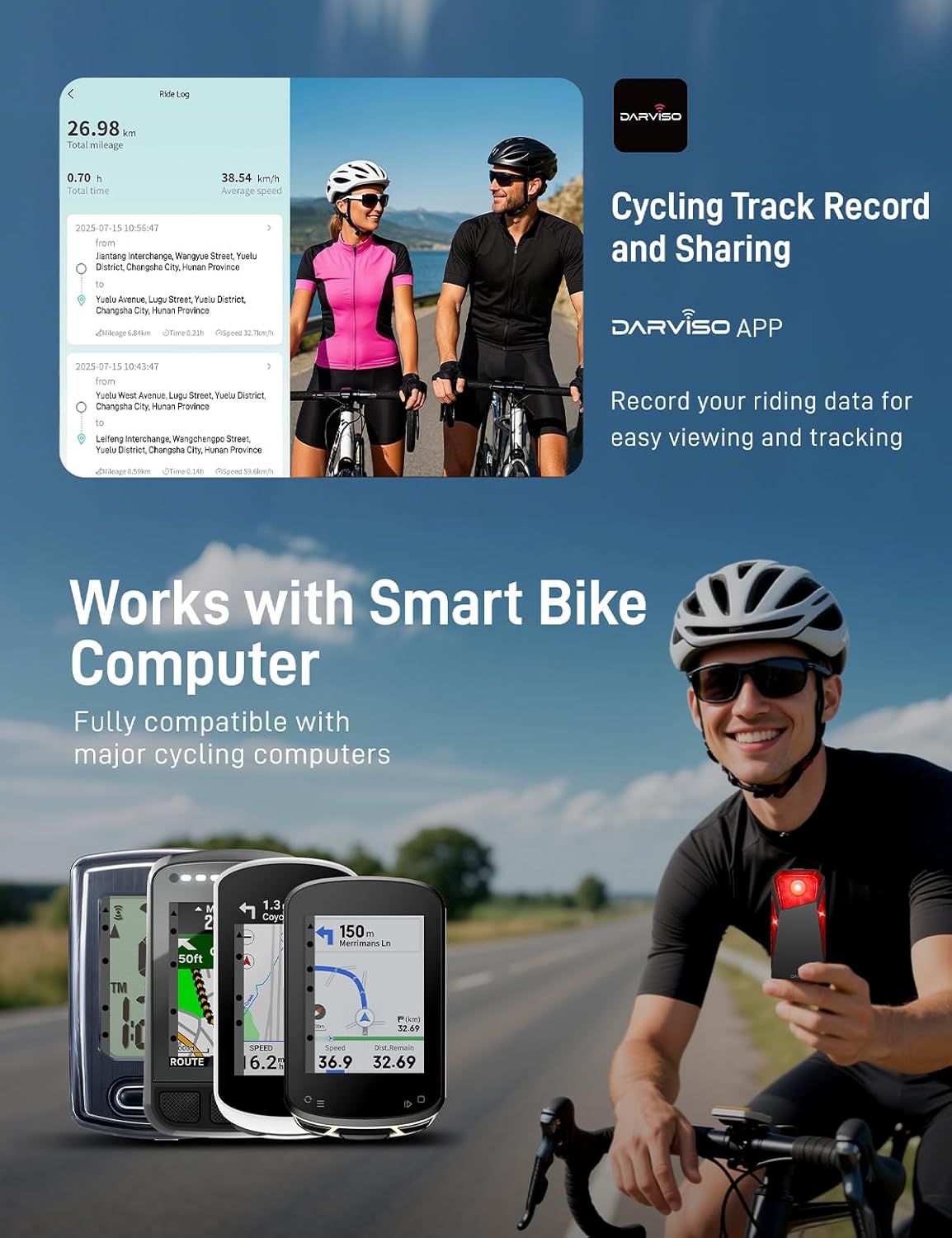 Smart Bike Radar Tail Lights, Lane-Level 120° Vehicle Detection, Bicycle Security Alert, IP67 Waterproof