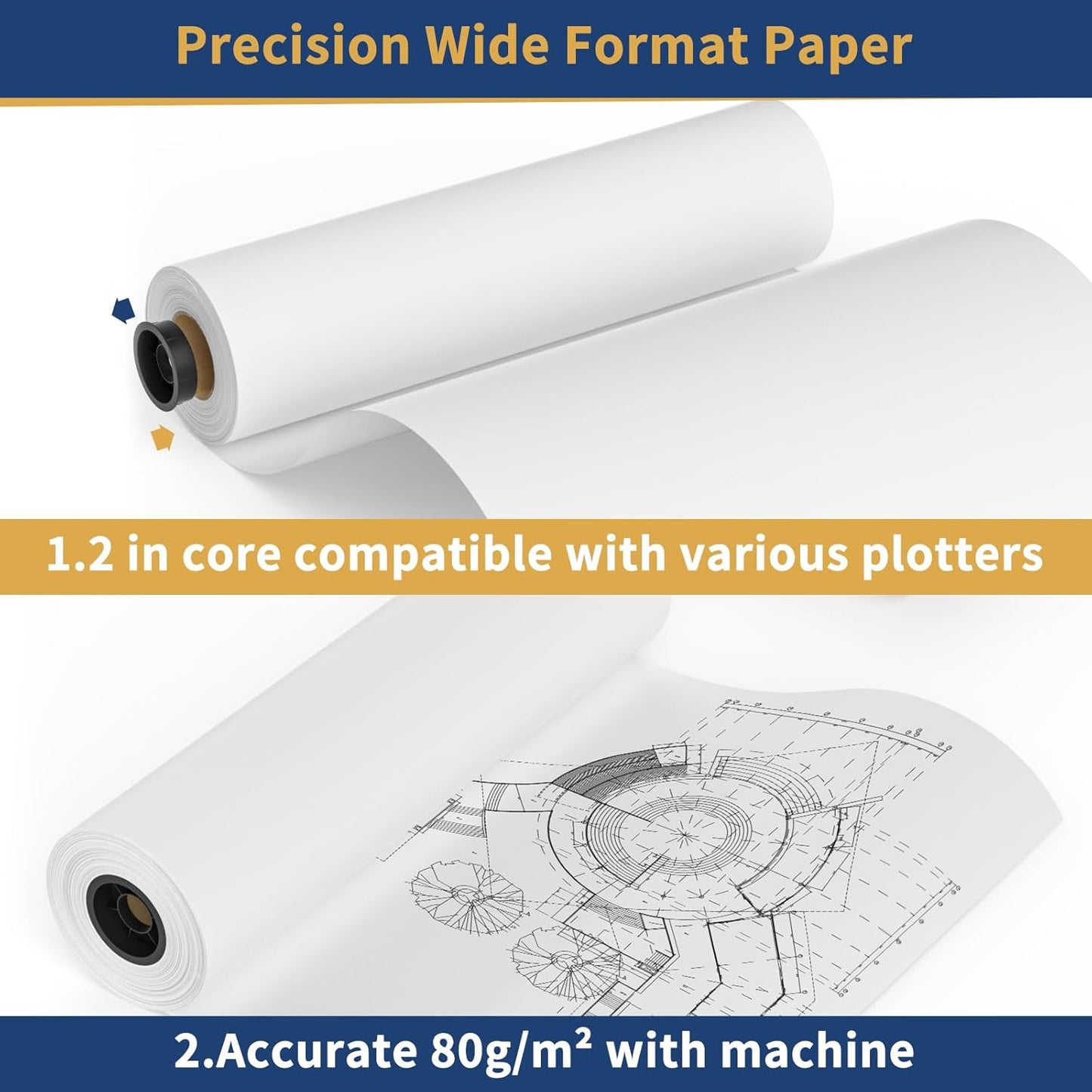 Wide Format Paper Roll,36' x 150 ft, 2' Core for CAD/Inkjet, Premium Bond Papers, Engineering/Architectural, 4pk