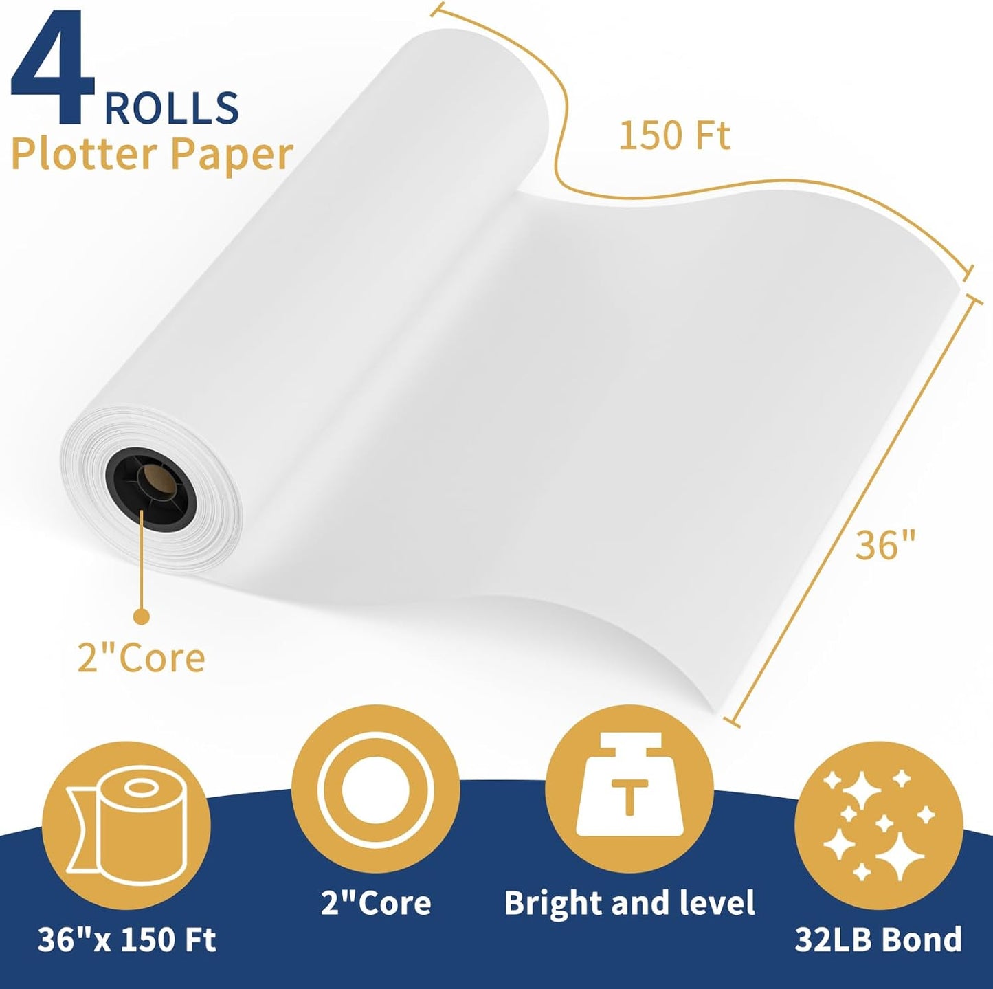 Wide Format Paper Roll,36' x 150 ft, 2' Core for CAD/Inkjet, Premium Bond Papers, Engineering/Architectural, 4pk