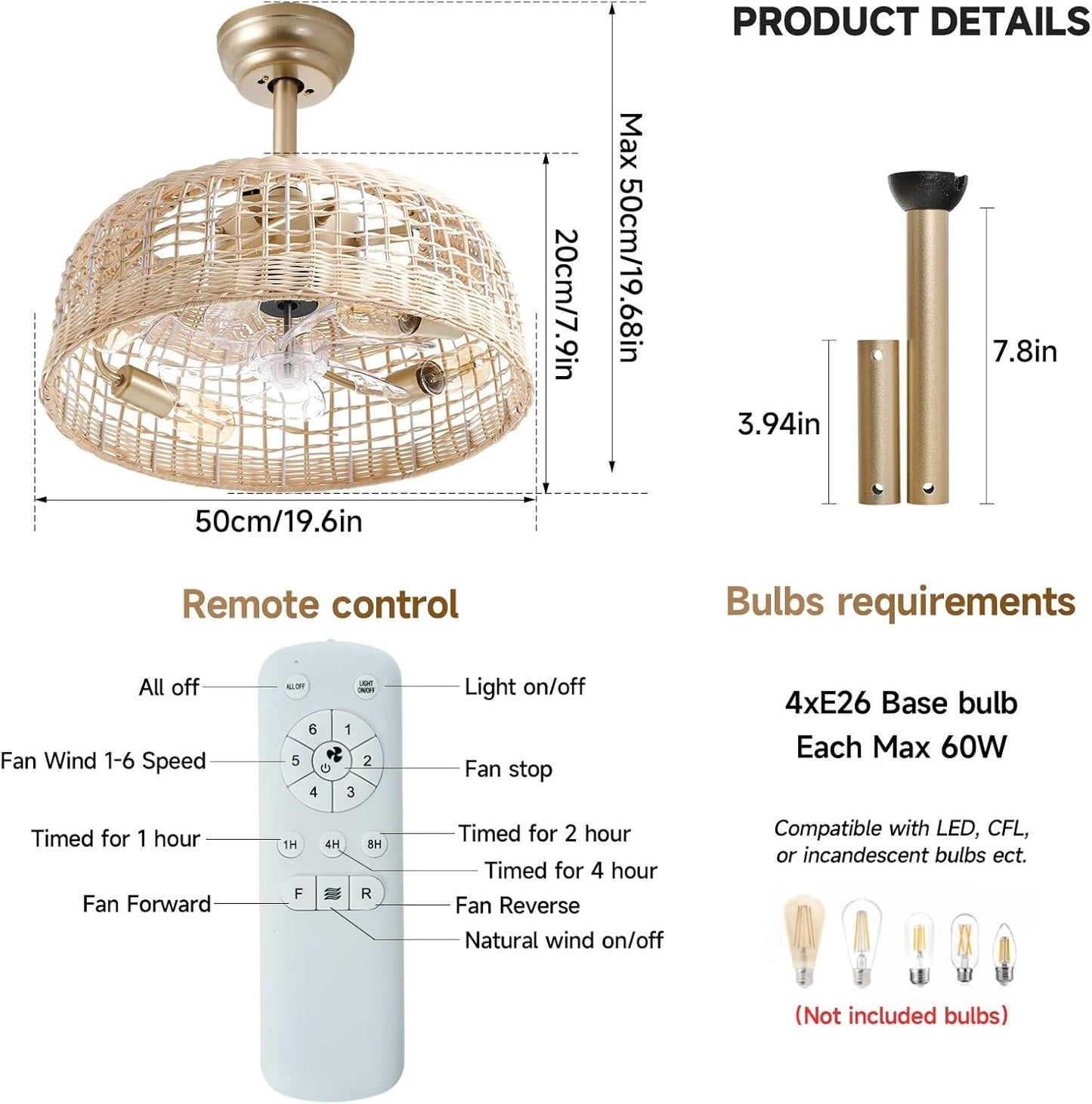 Ceiling Fans with Light 18.9in Wicker Fandelier Cage for Bedroom, Living Room, w/ Remote Control 6 Speeds