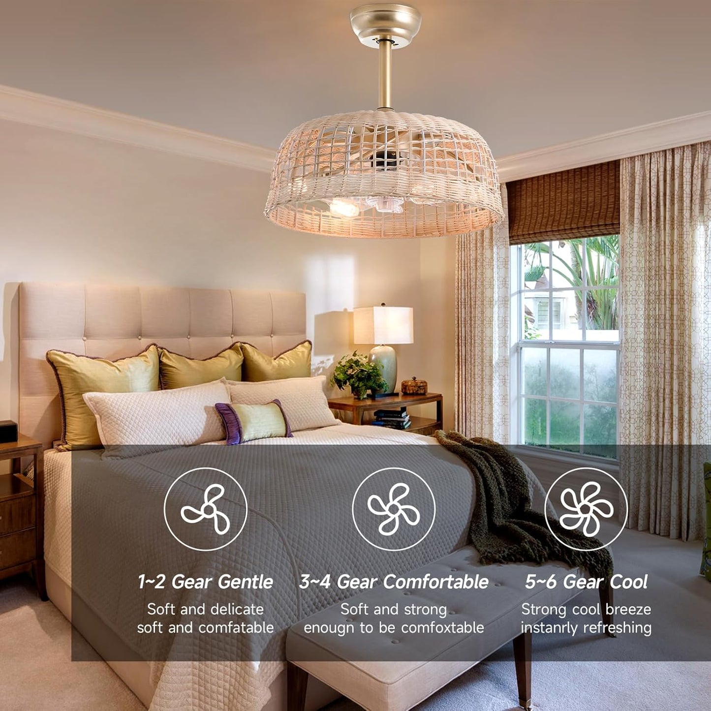 Ceiling Fans with Light 18.9in Wicker Fandelier Cage for Bedroom, Living Room, w/ Remote Control 6 Speeds