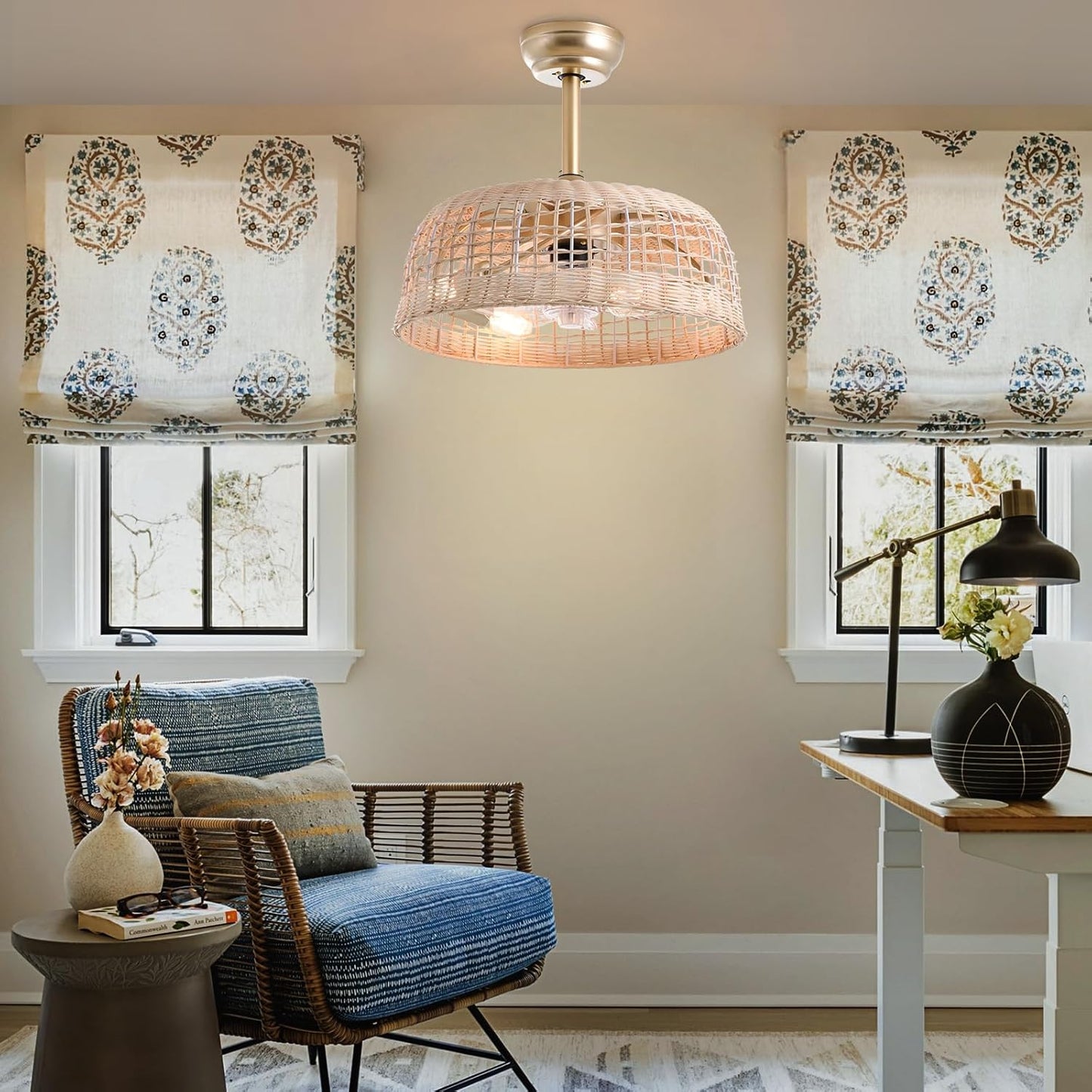 Ceiling Fans with Light 18.9in Wicker Fandelier Cage for Bedroom, Living Room, w/ Remote Control 6 Speeds