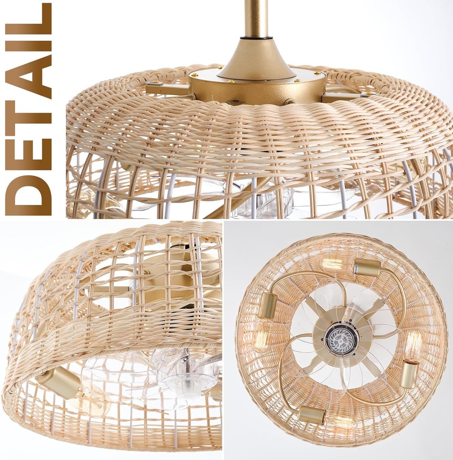 Ceiling Fans with Light 18.9in Wicker Fandelier Cage for Bedroom, Living Room, w/ Remote Control 6 Speeds