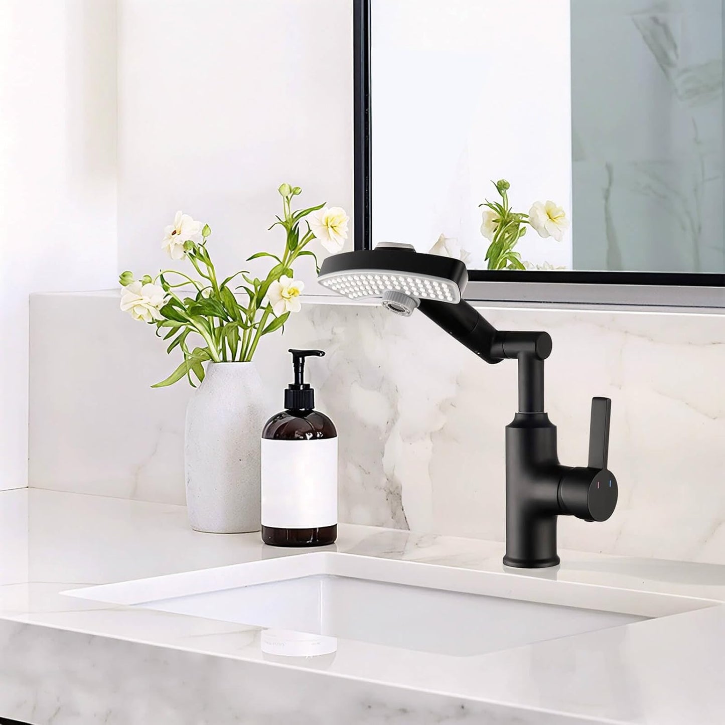 Black Rainfall Bathroom Faucet, 360 Rotatable Faucet, Single Handle with LED Temperature Display(No Batteries), 3 Water Modes