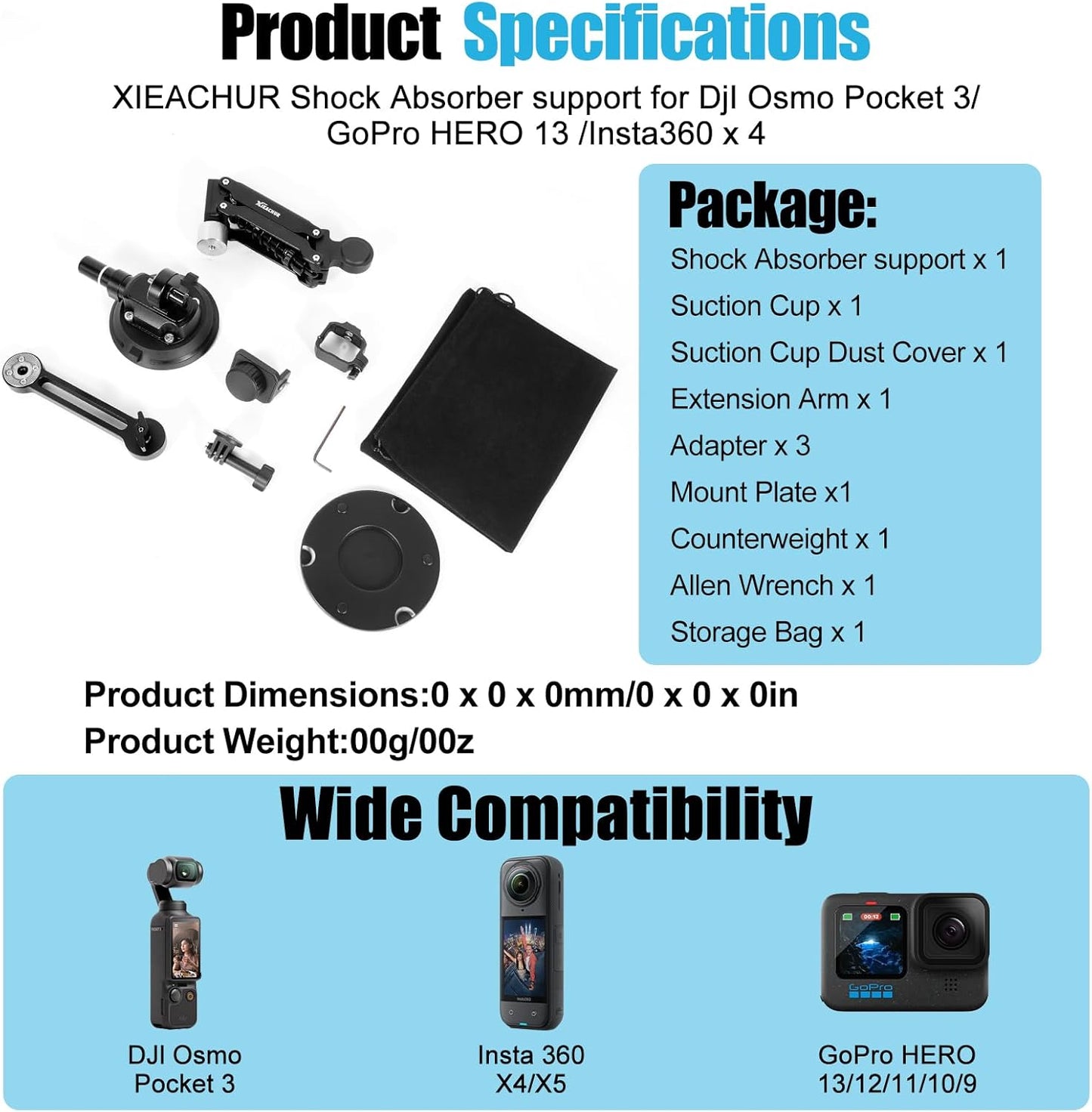 Car Camera Mount, 4' Suction Cup, Double Spring and Hydraulic Damping with Storage Bag
