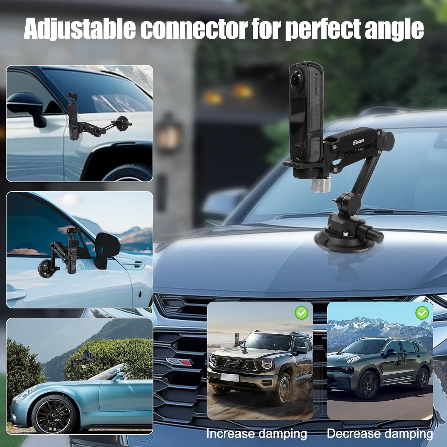 Car Camera Mount, 4' Suction Cup, Double Spring and Hydraulic Damping with Storage Bag