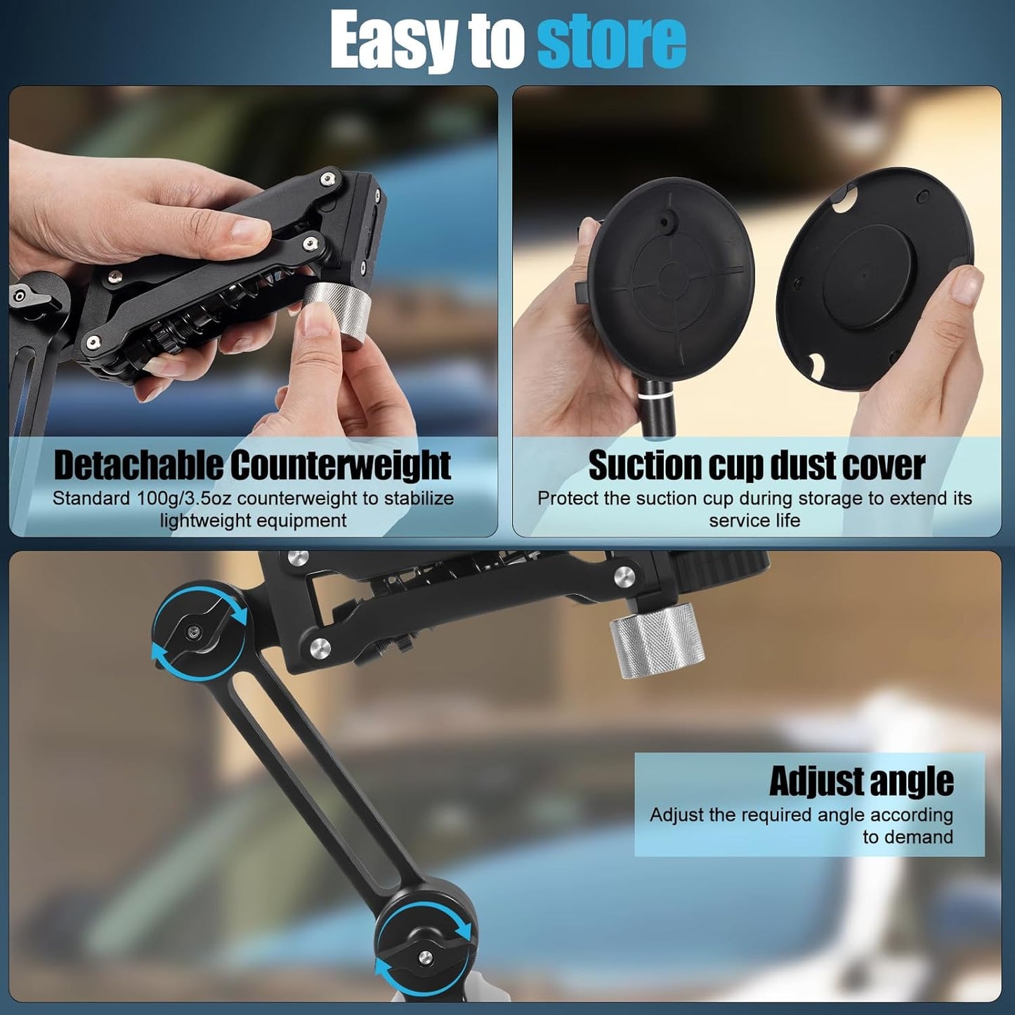 Car Camera Mount, 4' Suction Cup, Double Spring and Hydraulic Damping with Storage Bag