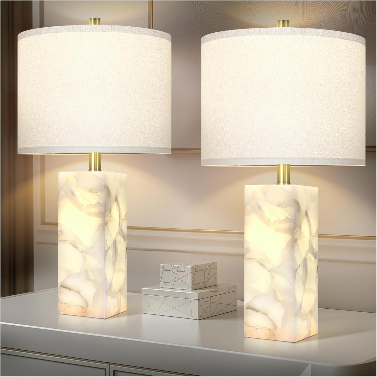 Natural Alabaster Table Lamps, Set of 2 w/ Night Light for Bedroom Living Room, 23' Rotary Switch, Dimming