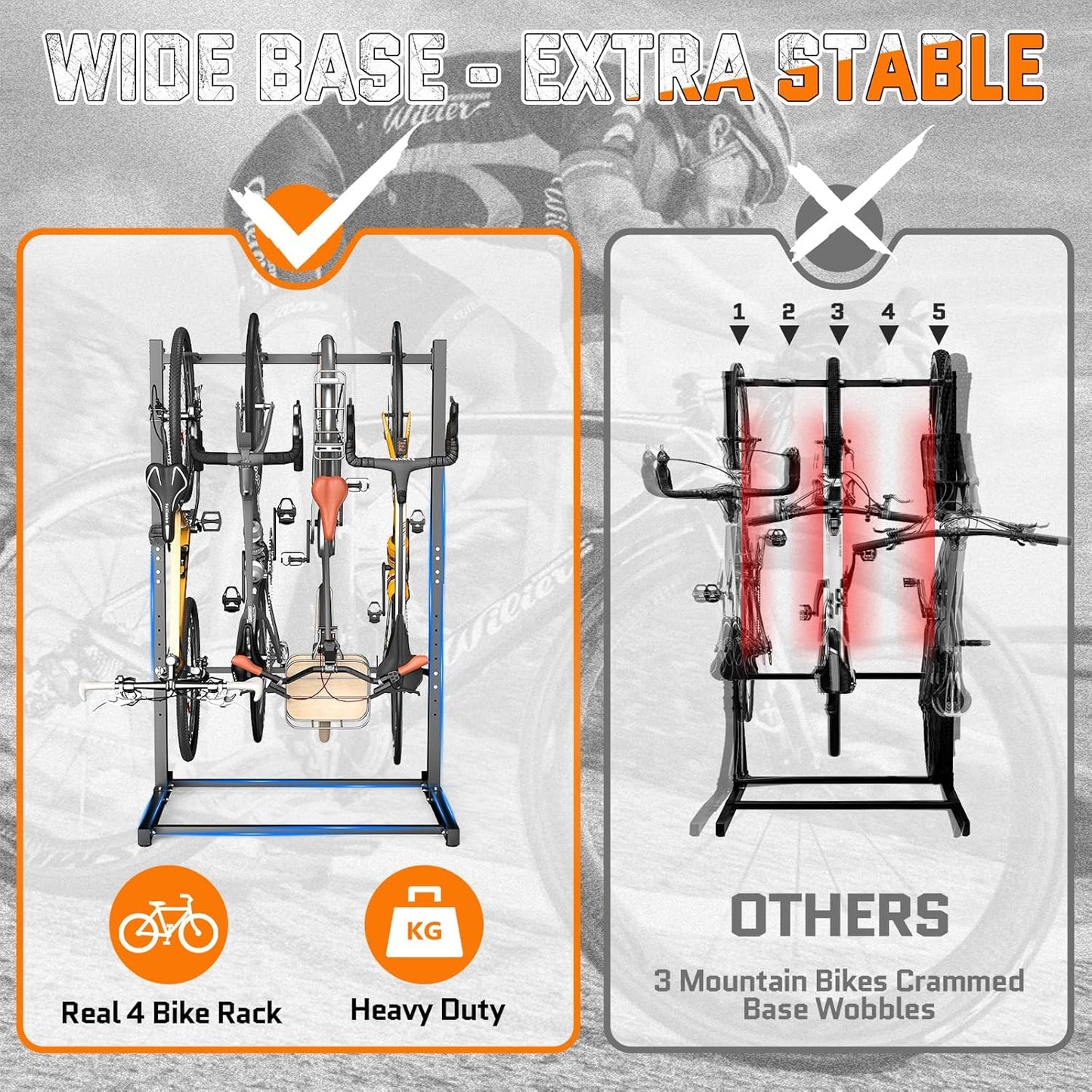 Freestanding Bike Rack Garage Holds Up to 4 Bikes, Tool-Free Vertical Bike Stand with Wide Stable Base