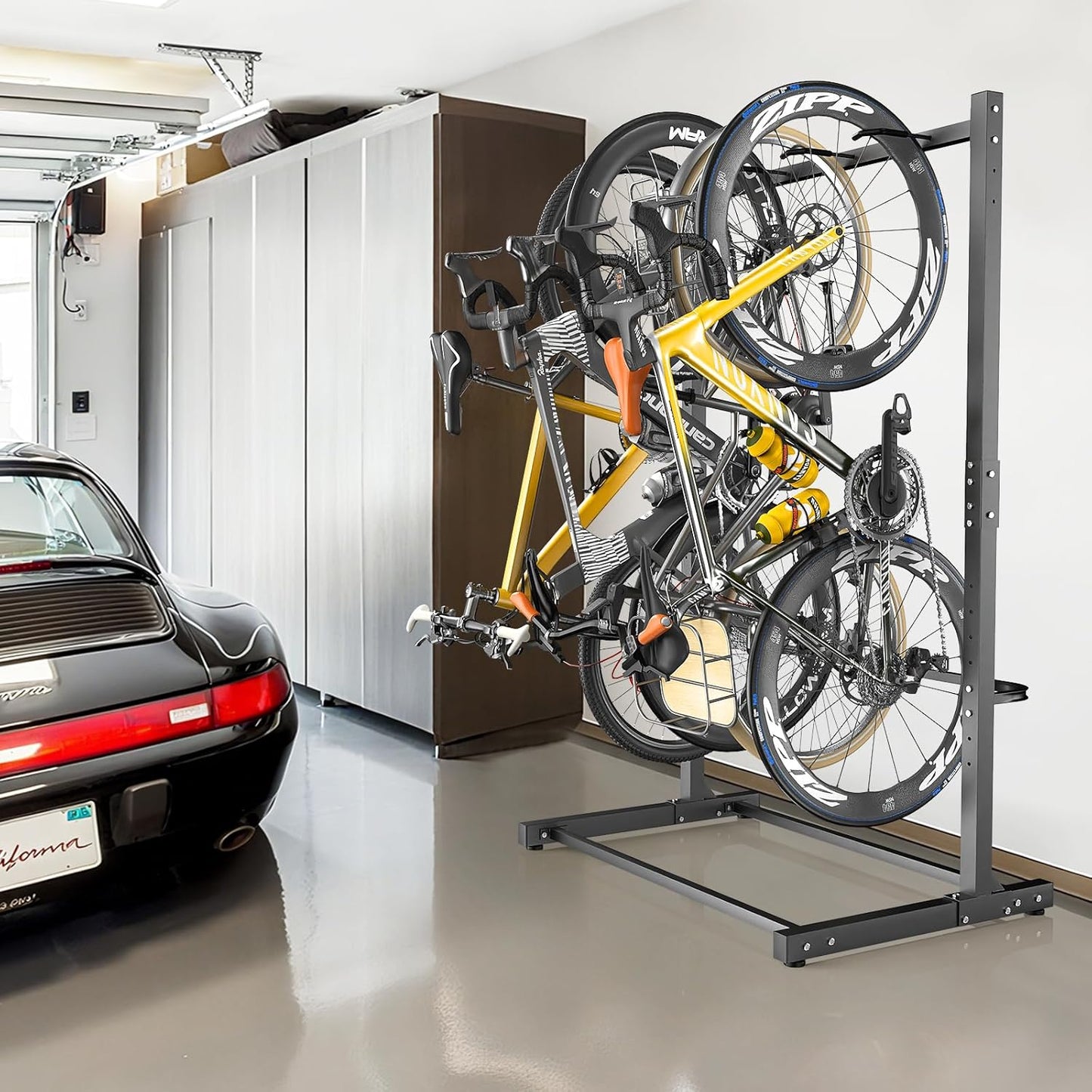 Freestanding Bike Rack Garage Holds Up to 4 Bikes, Tool-Free Vertical Bike Stand with Wide Stable Base