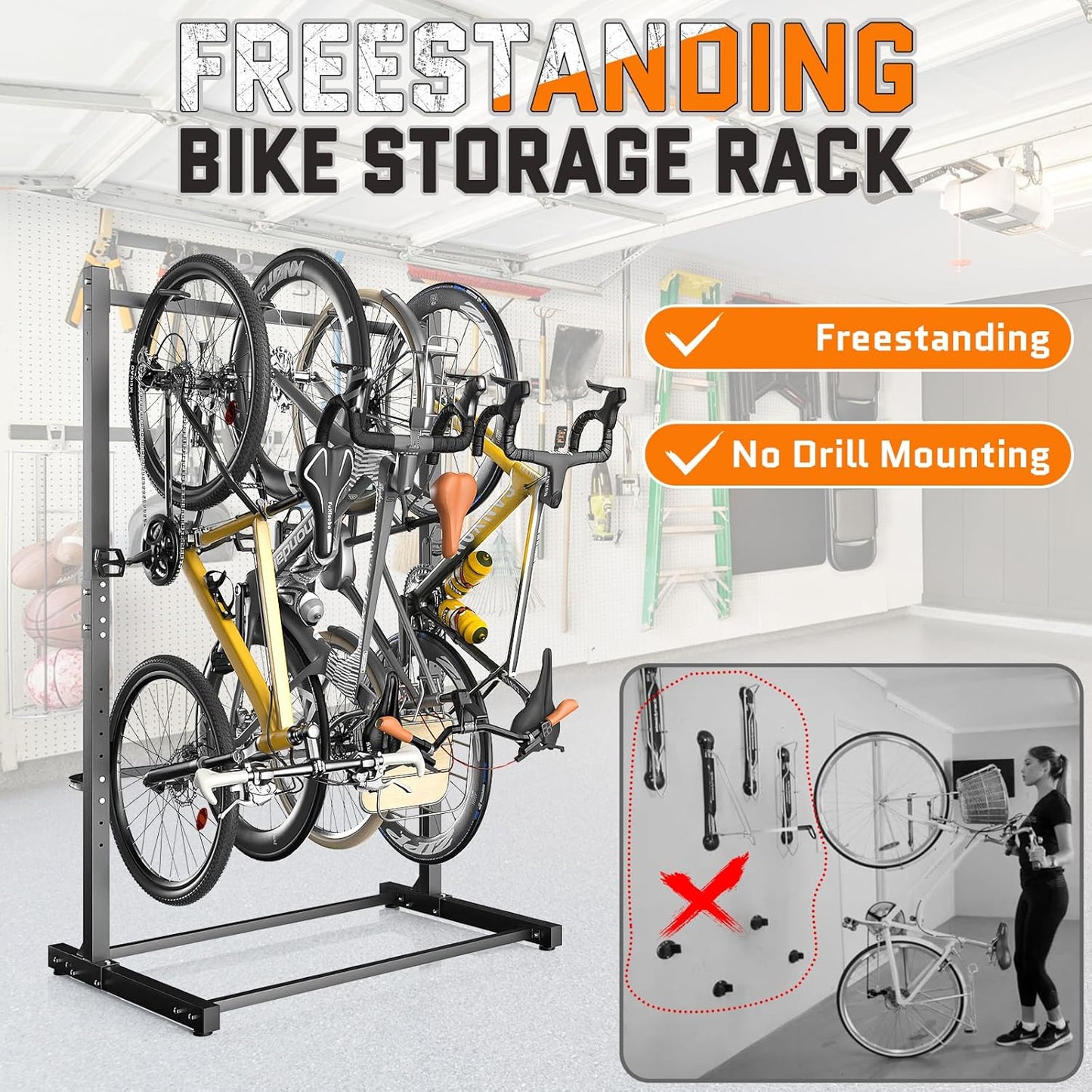 Freestanding Bike Rack Garage Holds Up to 4 Bikes, Tool-Free Vertical Bike Stand with Wide Stable Base
