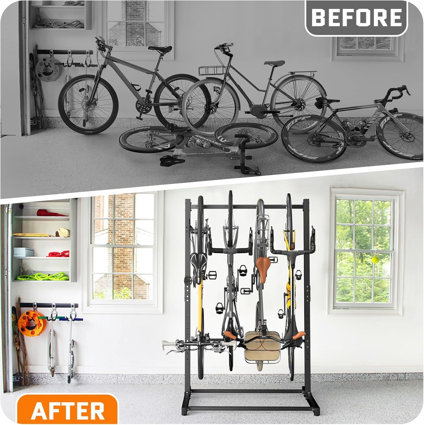 Freestanding Bike Rack Garage Holds Up to 4 Bikes, Tool-Free Vertical Bike Stand with Wide Stable Base