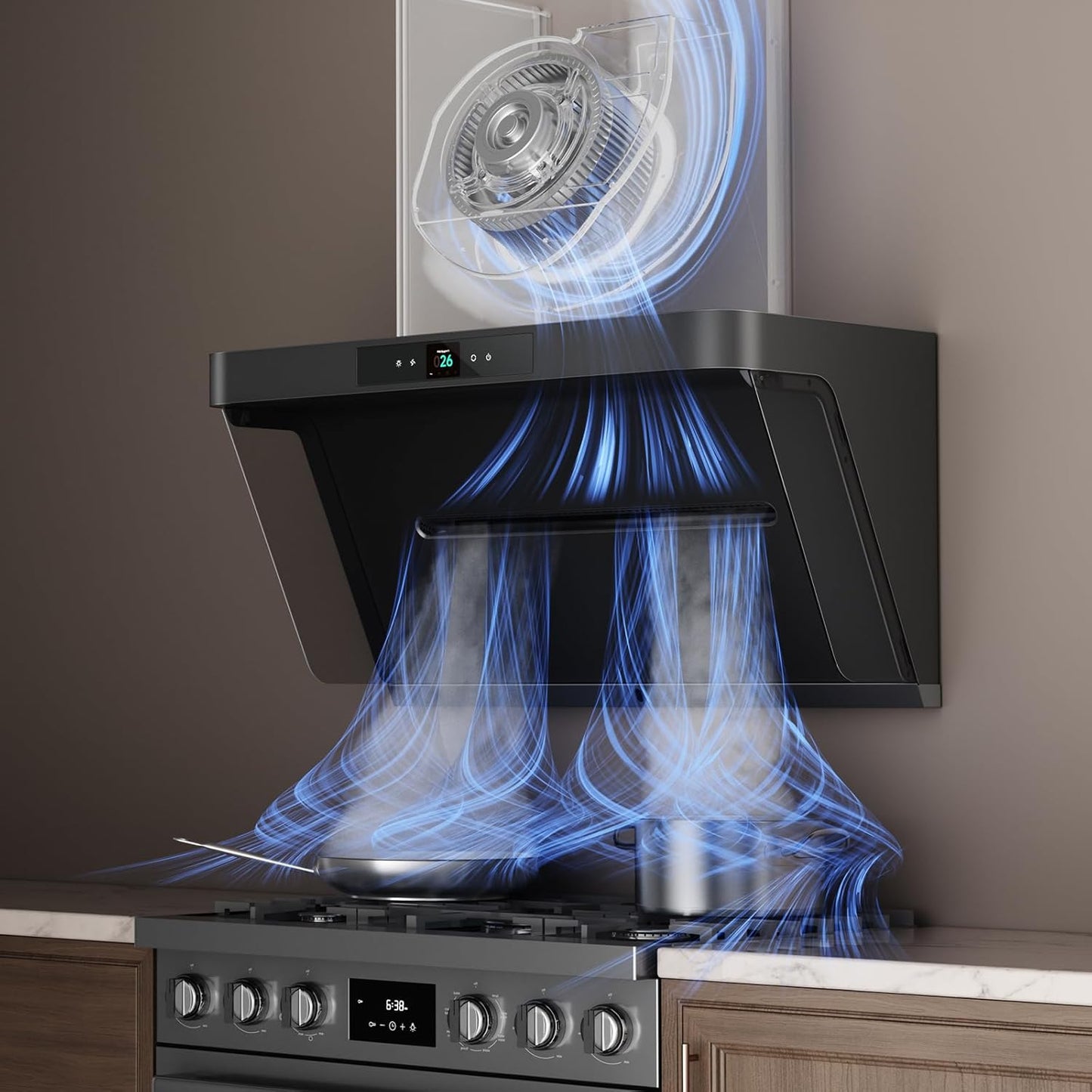 36''Range Hood, Real-time Monitoring, Stainless Steel, Under Cabinet/Wall Vent with Touchscreen, No Filter w/ LED