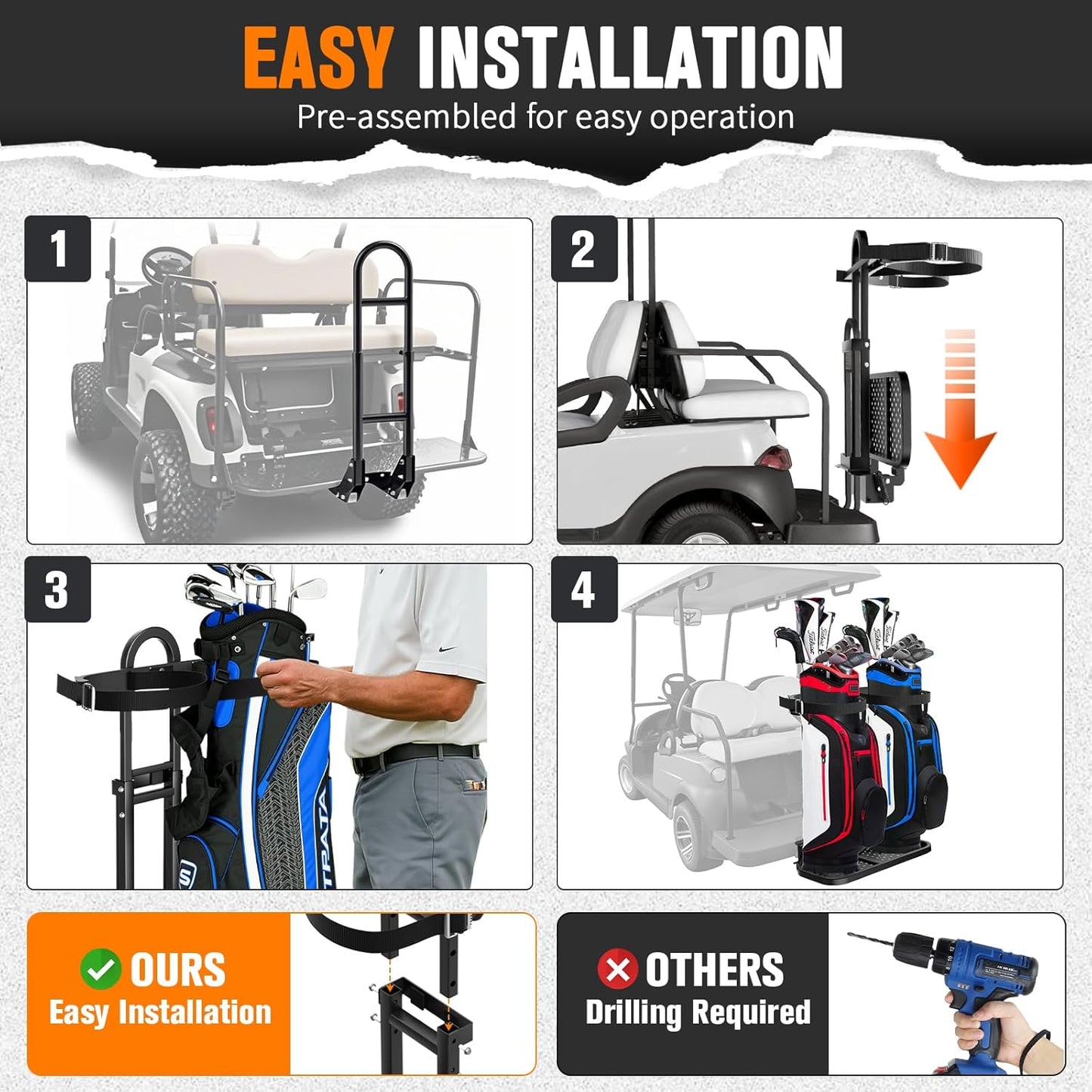 Foldable Golf Cart Bag Holder for Four Seat Golf Cart, with Stainless Steel Buckle, Fits Safety Grab Bar Maximum 8'