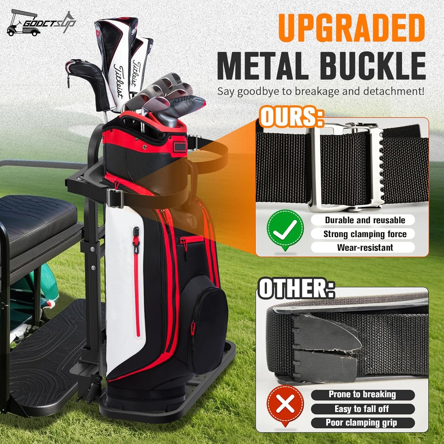 Foldable Golf Cart Bag Holder for Four Seat Golf Cart, with Stainless Steel Buckle, Fits Safety Grab Bar Maximum 8'