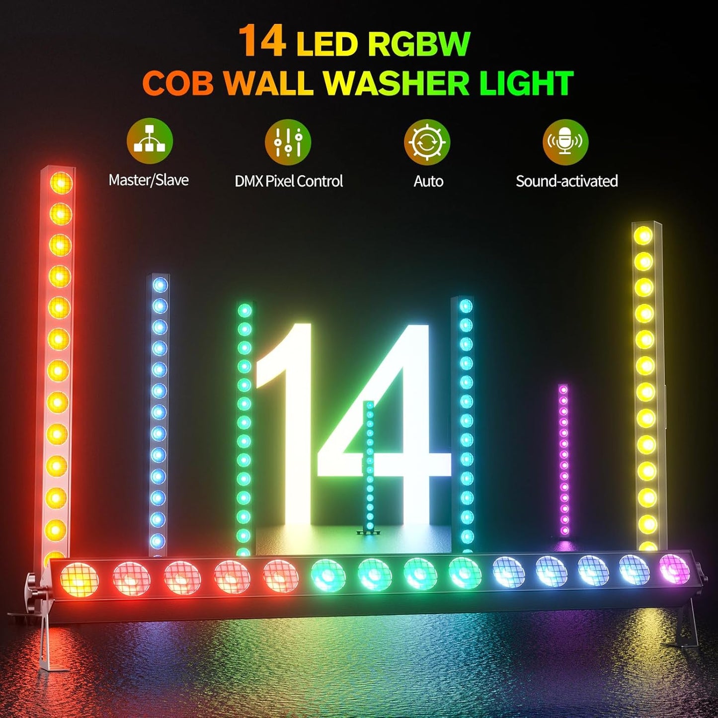 150W Stage Light Bar 14 LED RGBW COB Washer Stage Lights with DMX512 Pixel Control, Auto, Sound-Activated,