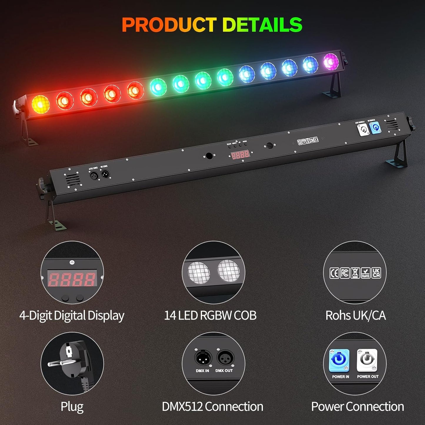 150W Stage Light Bar 14 LED RGBW COB Washer Stage Lights with DMX512 Pixel Control, Auto, Sound-Activated,