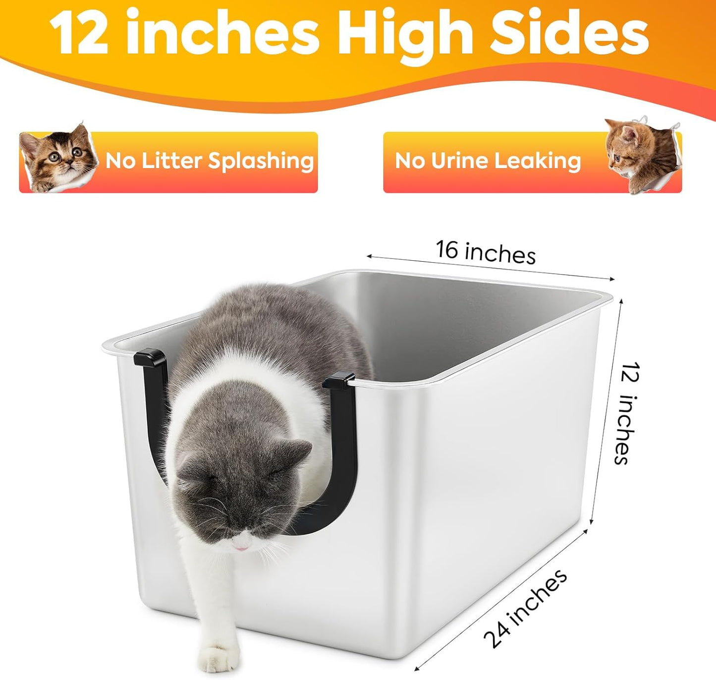 Extra Large Stainless Steel Litter Box, Leak Proof 12 Inches High Sides for Urine & Trapping, No Sharp Edges