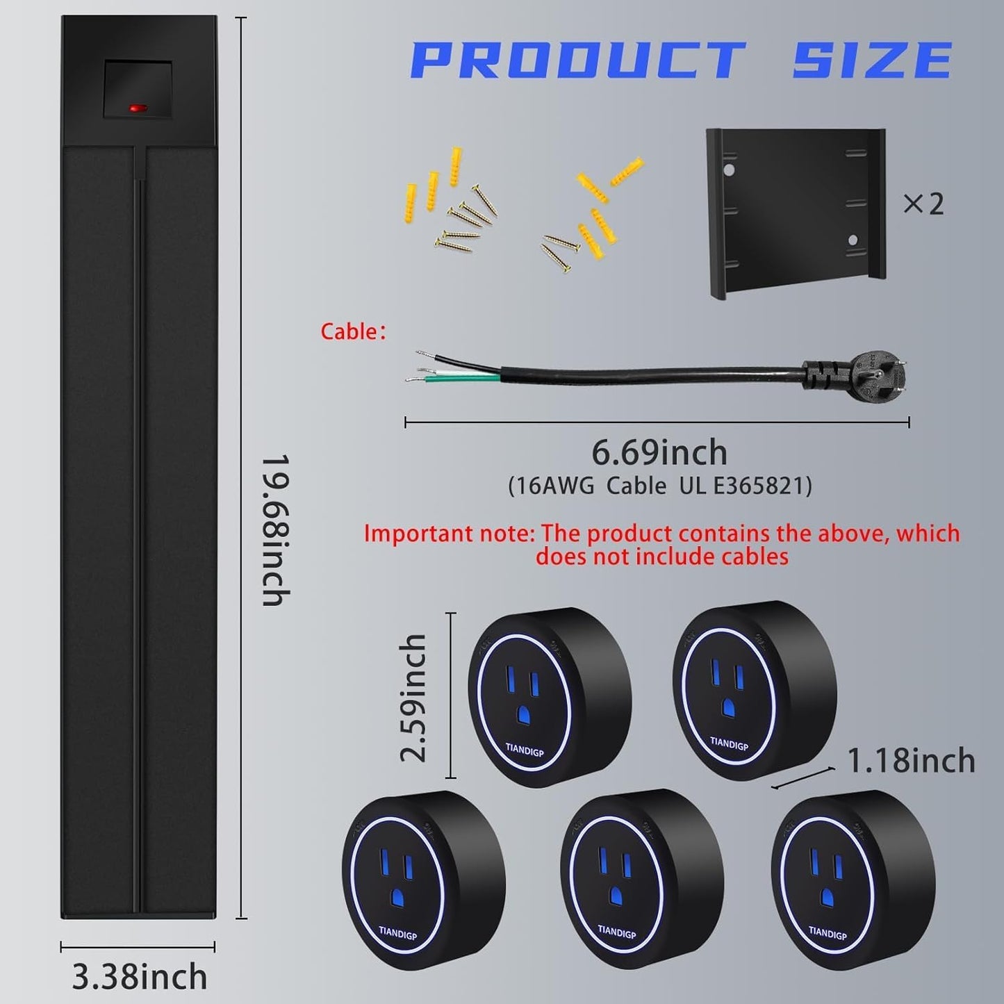 Removable Electrical Outlet Track System, 19.68 inch Power Track 8000W; 5 AC Outlet adapters 1875W (Matte Black)