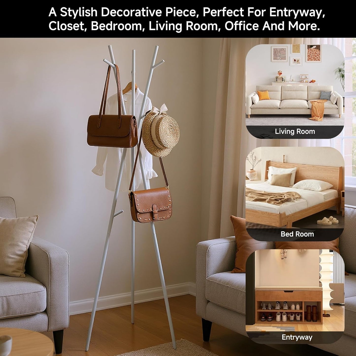 66.5' White Heavy Duty Iron Modern Standing Coat Rack for Hats Scarves Jackets, Easy Assembly W/ 9 Hooks & Shelves