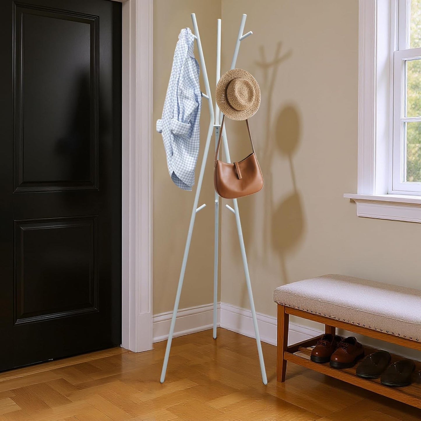 66.5' White Heavy Duty Iron Modern Standing Coat Rack for Hats Scarves Jackets, Easy Assembly W/ 9 Hooks & Shelves