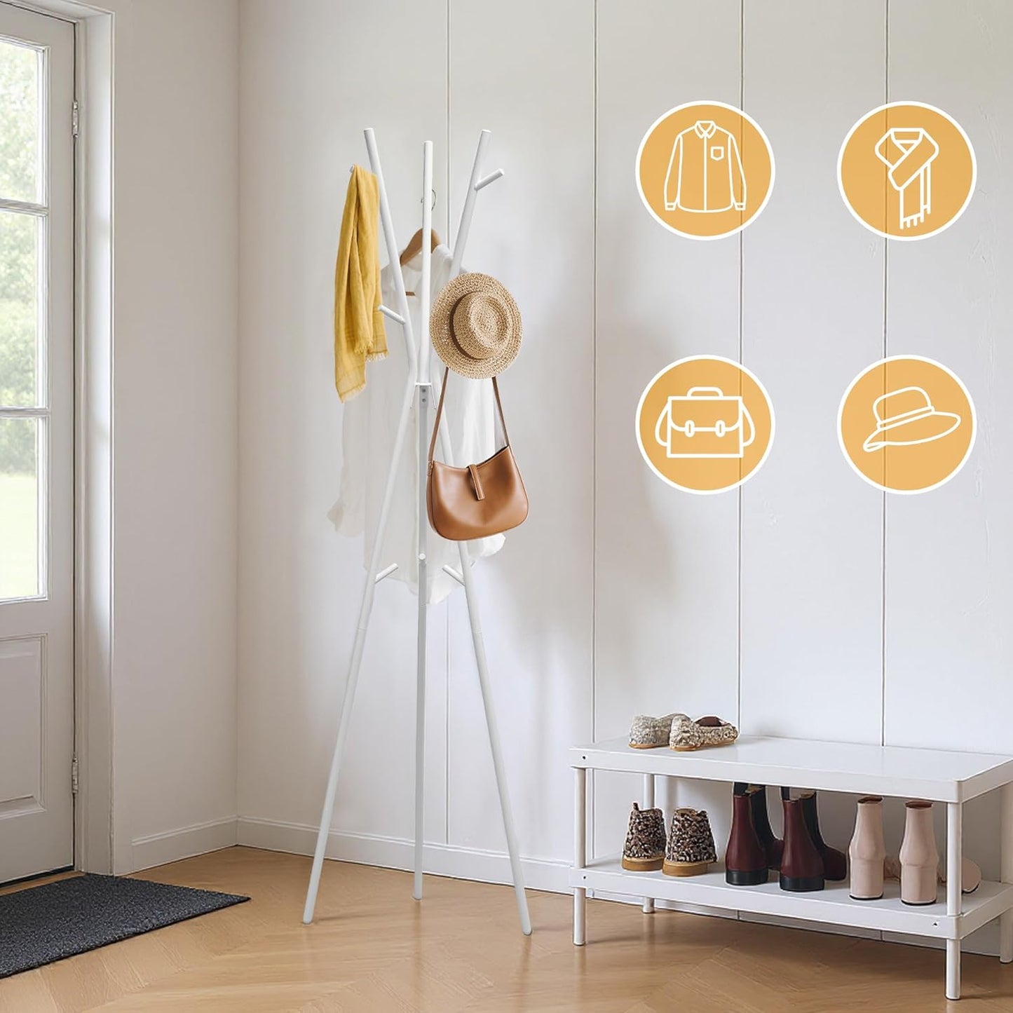 66.5' White Heavy Duty Iron Modern Standing Coat Rack for Hats Scarves Jackets, Easy Assembly W/ 9 Hooks & Shelves