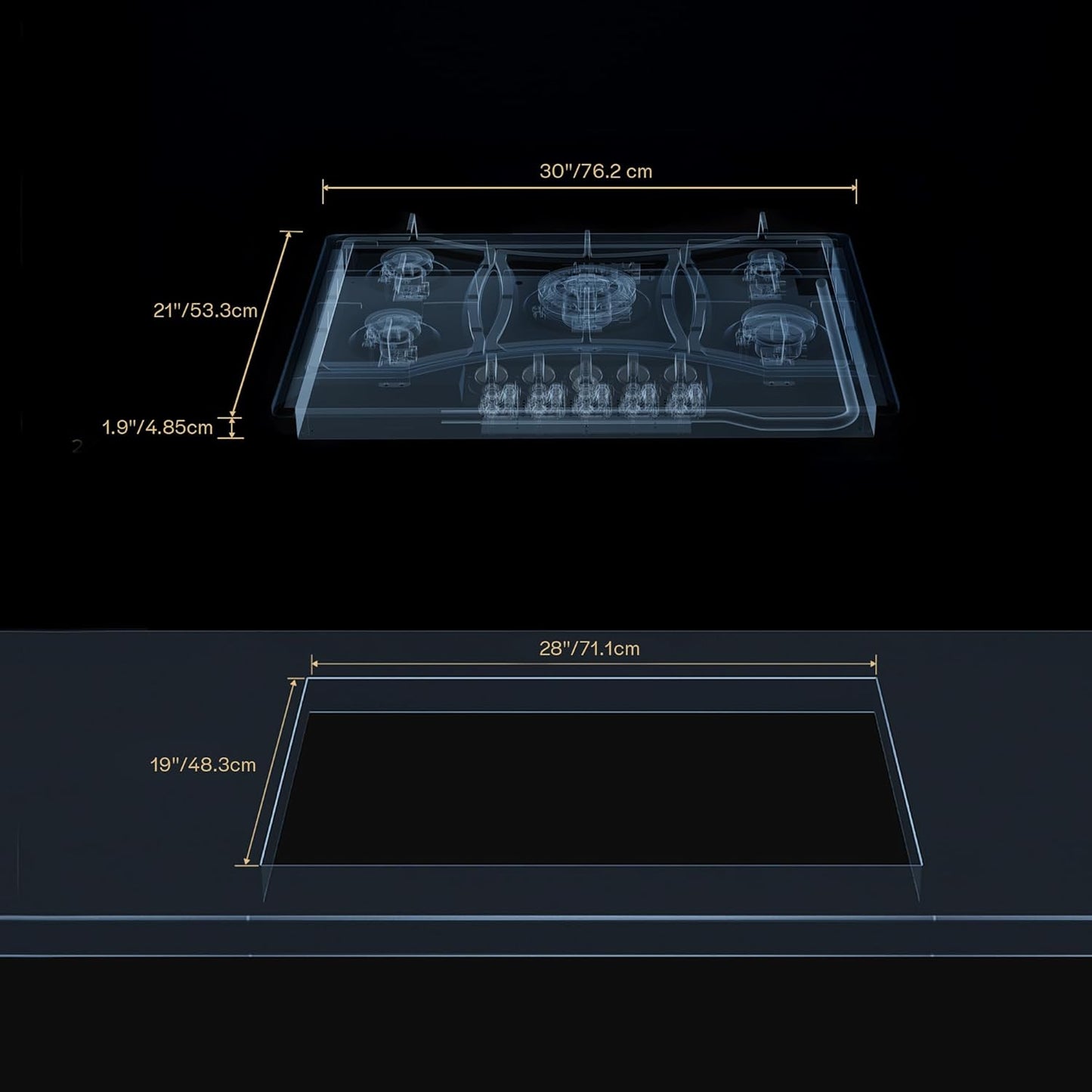 30 inch Drop-in Gas Cooktop with 5 Sealed Burners, Stainless Steel Gas Stove, Dishwasher Safe Cast Iron Grates