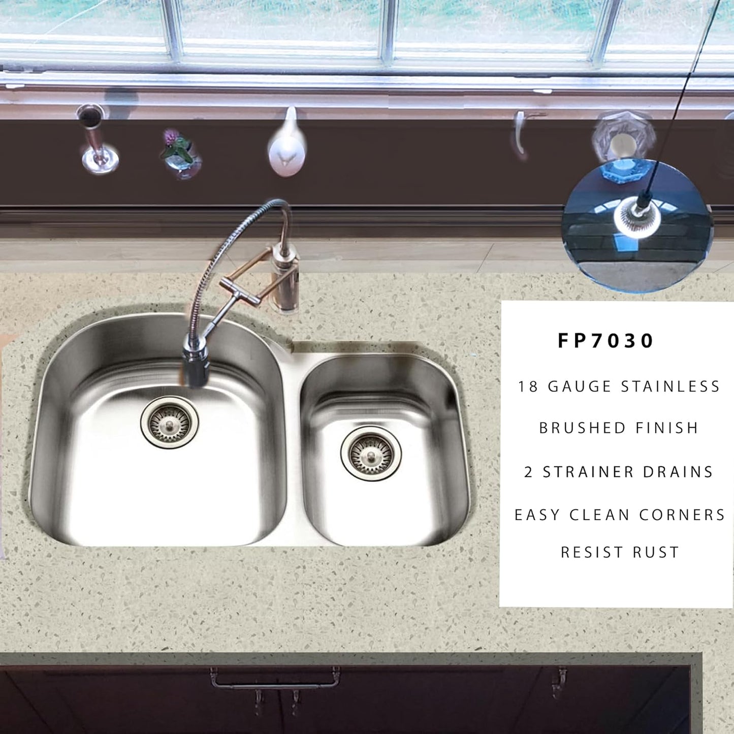 Double Bowl Stainless Steel Sink, Undermount Kitchen Sink, 70/30 Ratio, w/ Basket Strainer 18 Gauge Steel Finish