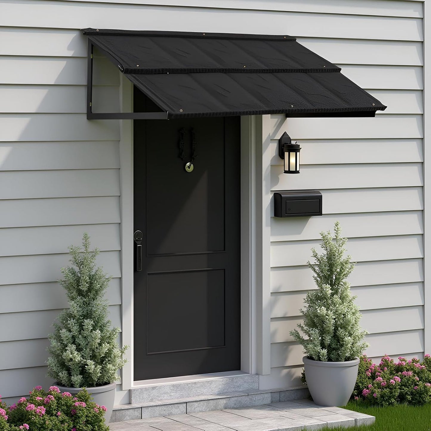 Fixed Metal Patio Awning, for Door Window Outdoor Rain Snow Protection, Slate Tiles Metal Awning with Triangle Steel Frame