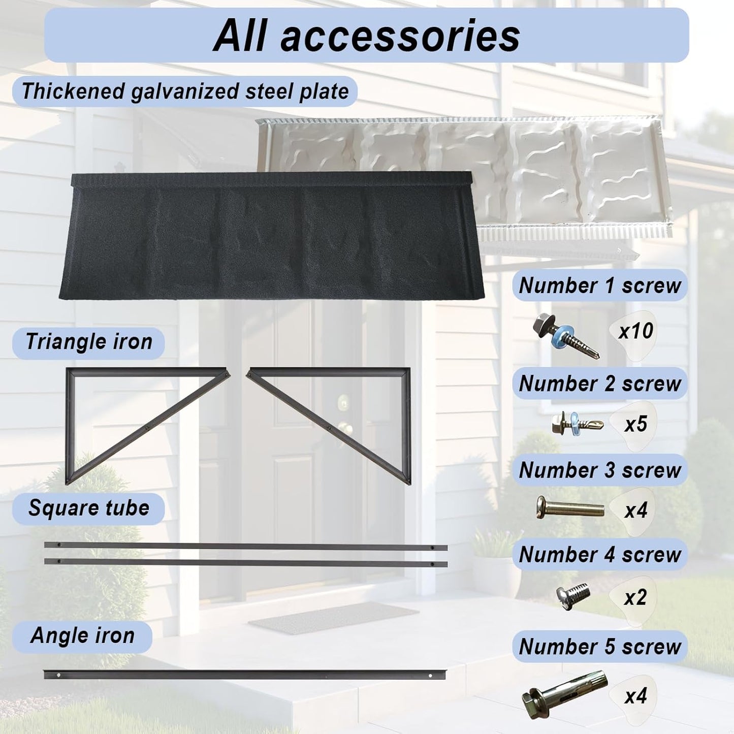 Fixed Metal Patio Awning, for Door Window Outdoor Rain Snow Protection, Slate Tiles Metal Awning with Triangle Steel Frame