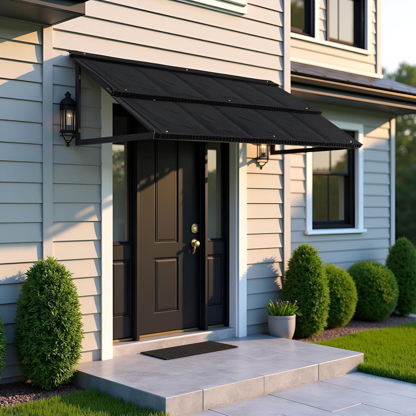 Fixed Metal Patio Awning, for Door Window Outdoor Rain Snow Protection, Slate Tiles Metal Awning with Triangle Steel Frame