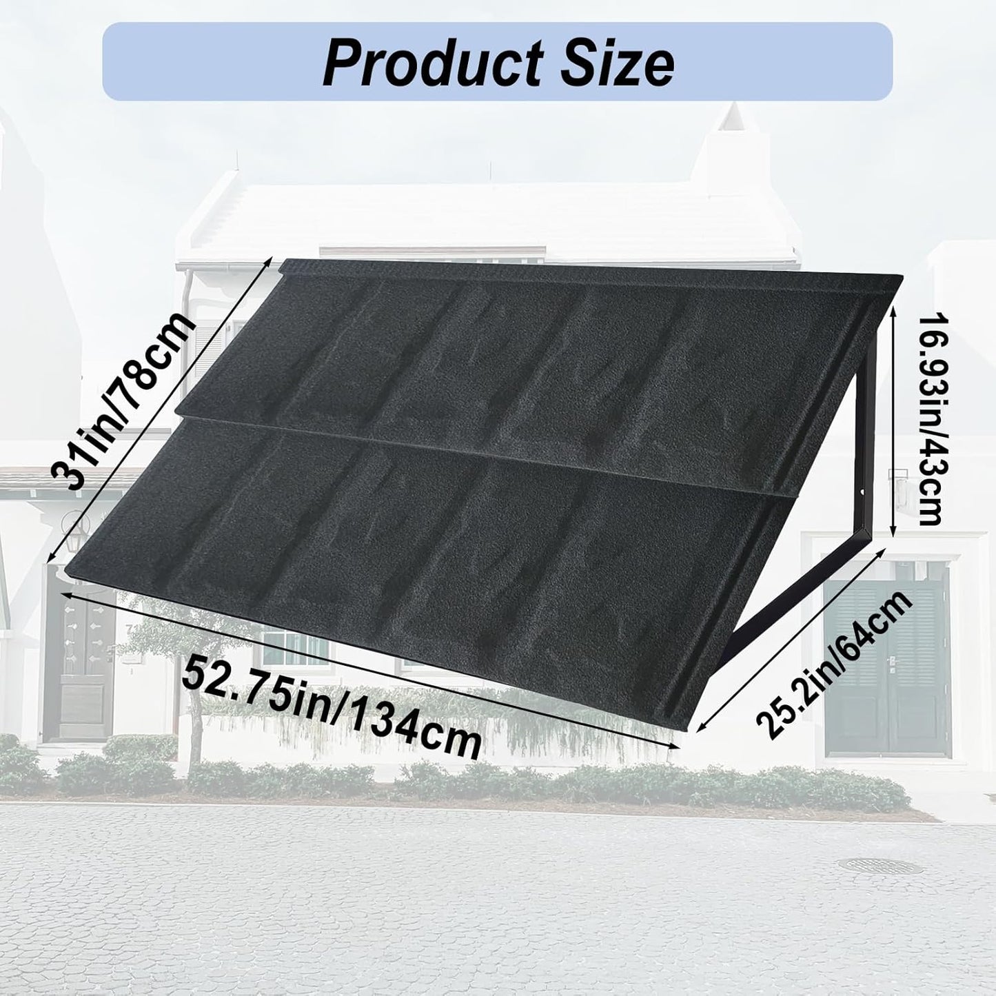 Fixed Metal Patio Awning, for Door Window Outdoor Rain Snow Protection, Slate Tiles Metal Awning with Triangle Steel Frame