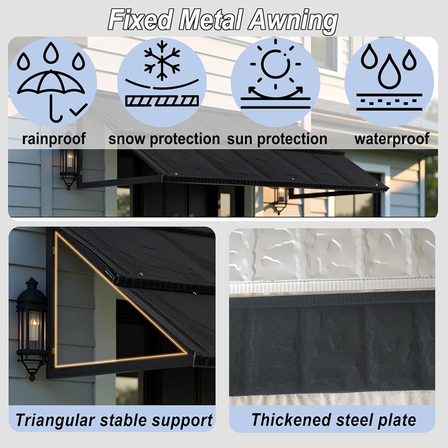 Fixed Metal Patio Awning, for Door Window Outdoor Rain Snow Protection, Slate Tiles Metal Awning with Triangle Steel Frame