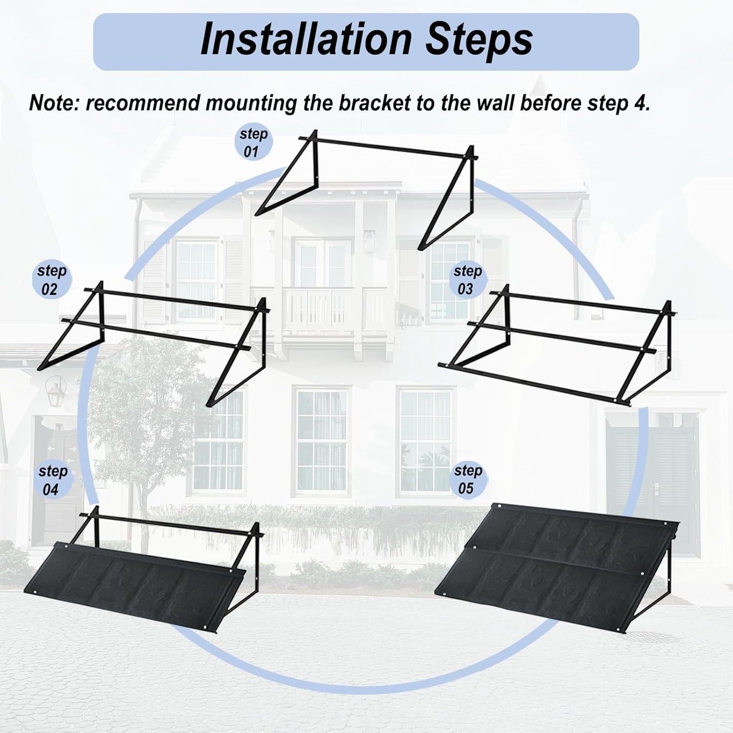 Fixed Metal Patio Awning, for Door Window Outdoor Rain Snow Protection, Slate Tiles Metal Awning with Triangle Steel Frame