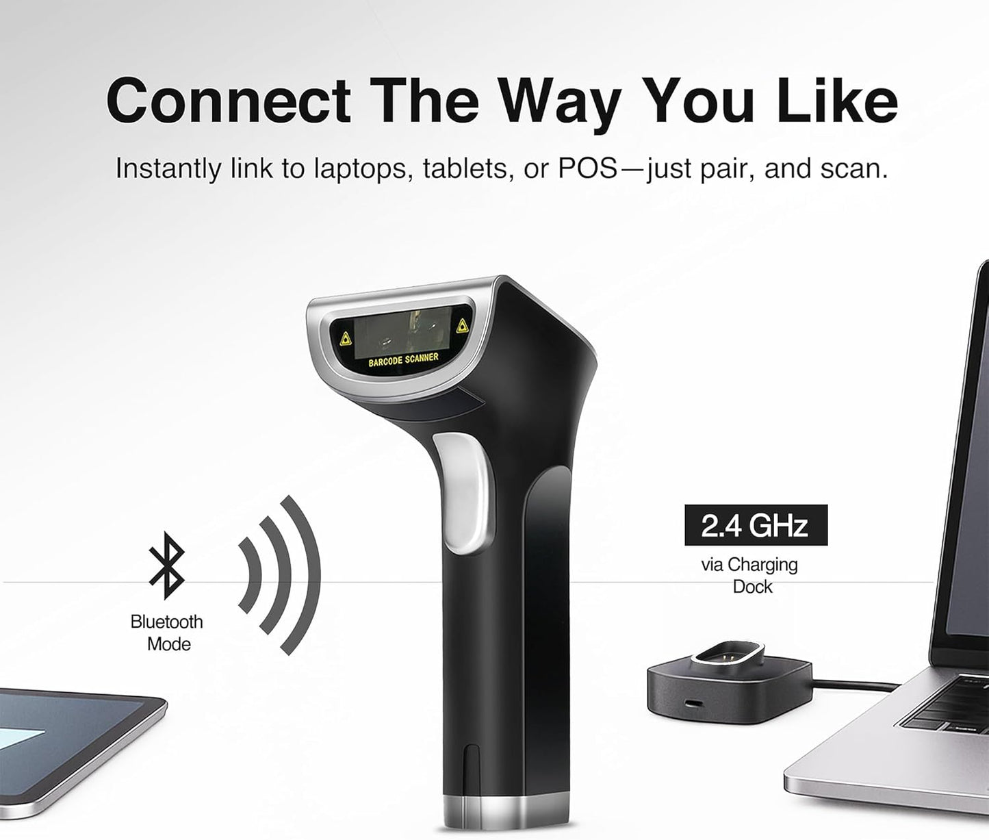 1D/2D Wireless Barcode and QR Scanner, Boost Speed & Accuracy with Bluetooth & 2.4G Modes, Handheld