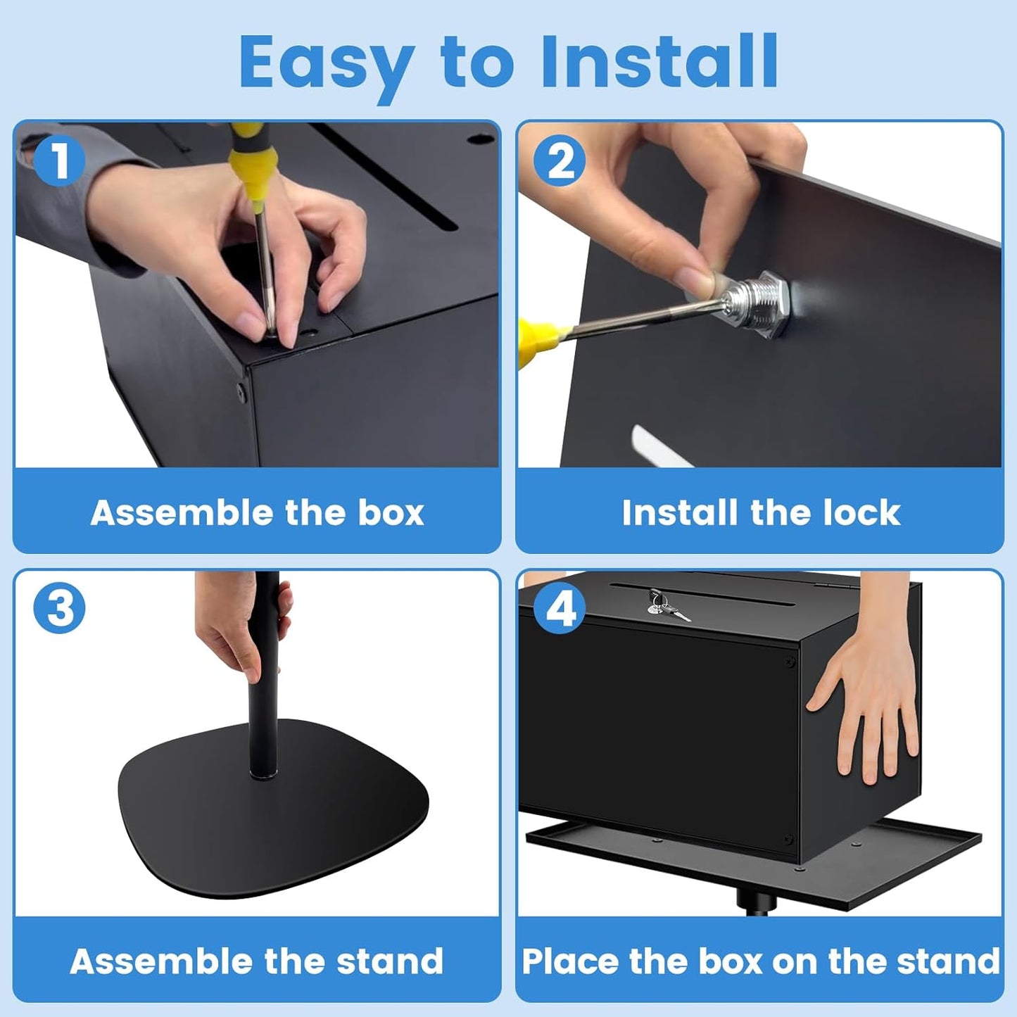 Metal Suggestion Box with Stand, Floor Standing Donation Box with Lock and Key, Heavy-Duty Collection Case