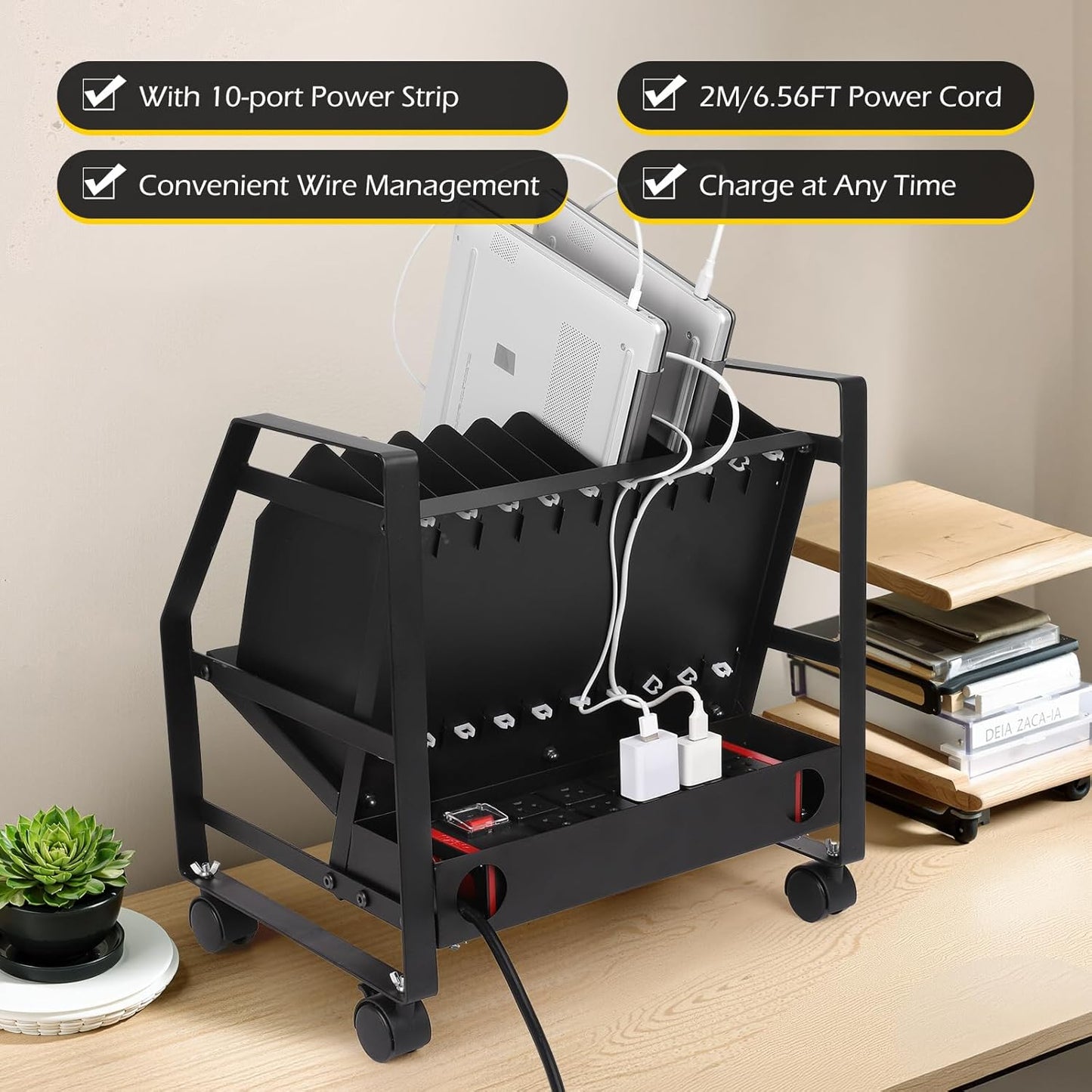 Dyna-Living Laptop Charging Cart 10 Slots Open Charging Cart w/ Wheels, Removable Laptop Charging Storage Cart